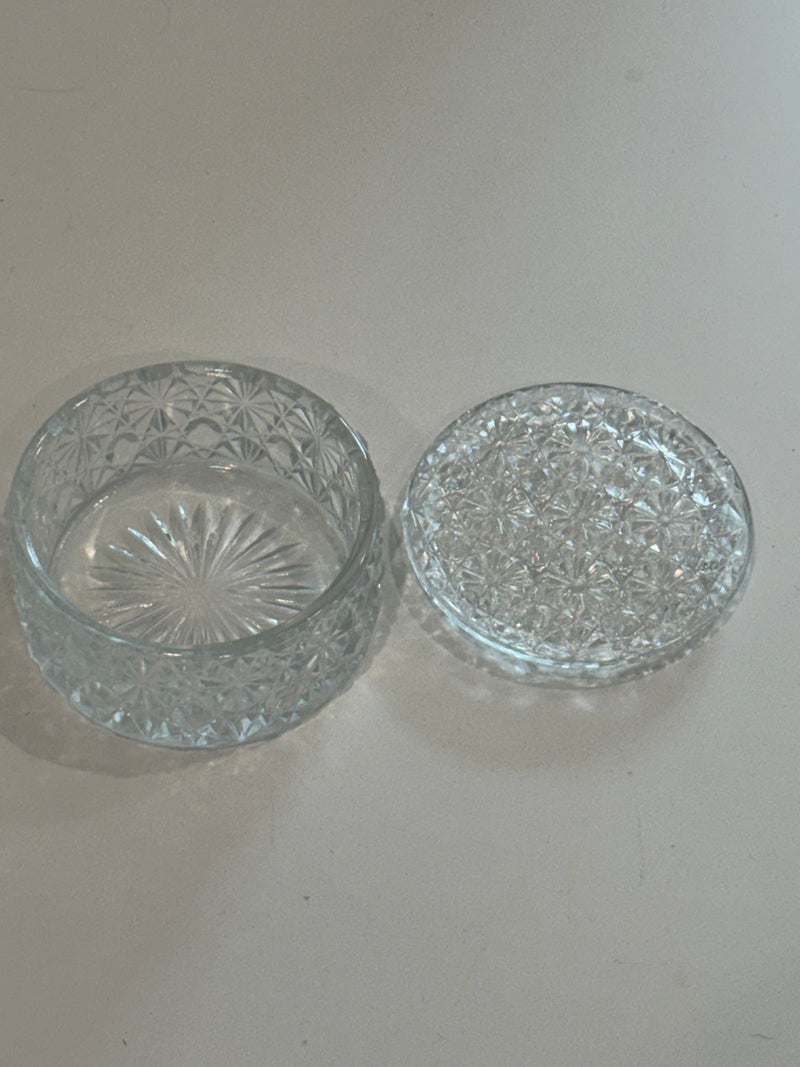 Round lidded glass powder jar/trinket or jewelry box — alternate view