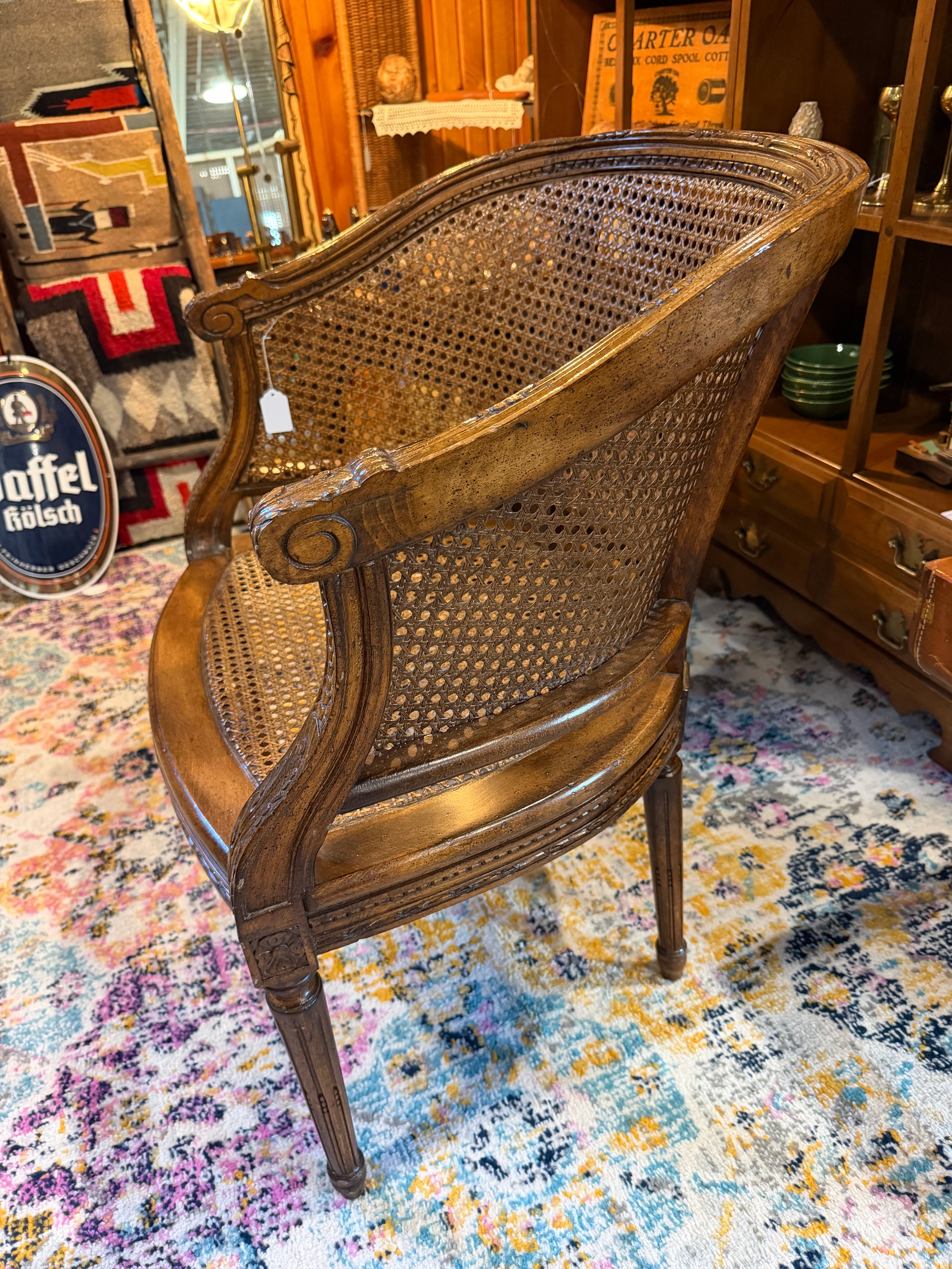 23” Louis XV Half-Moon Rattan and Hardwood Armchair