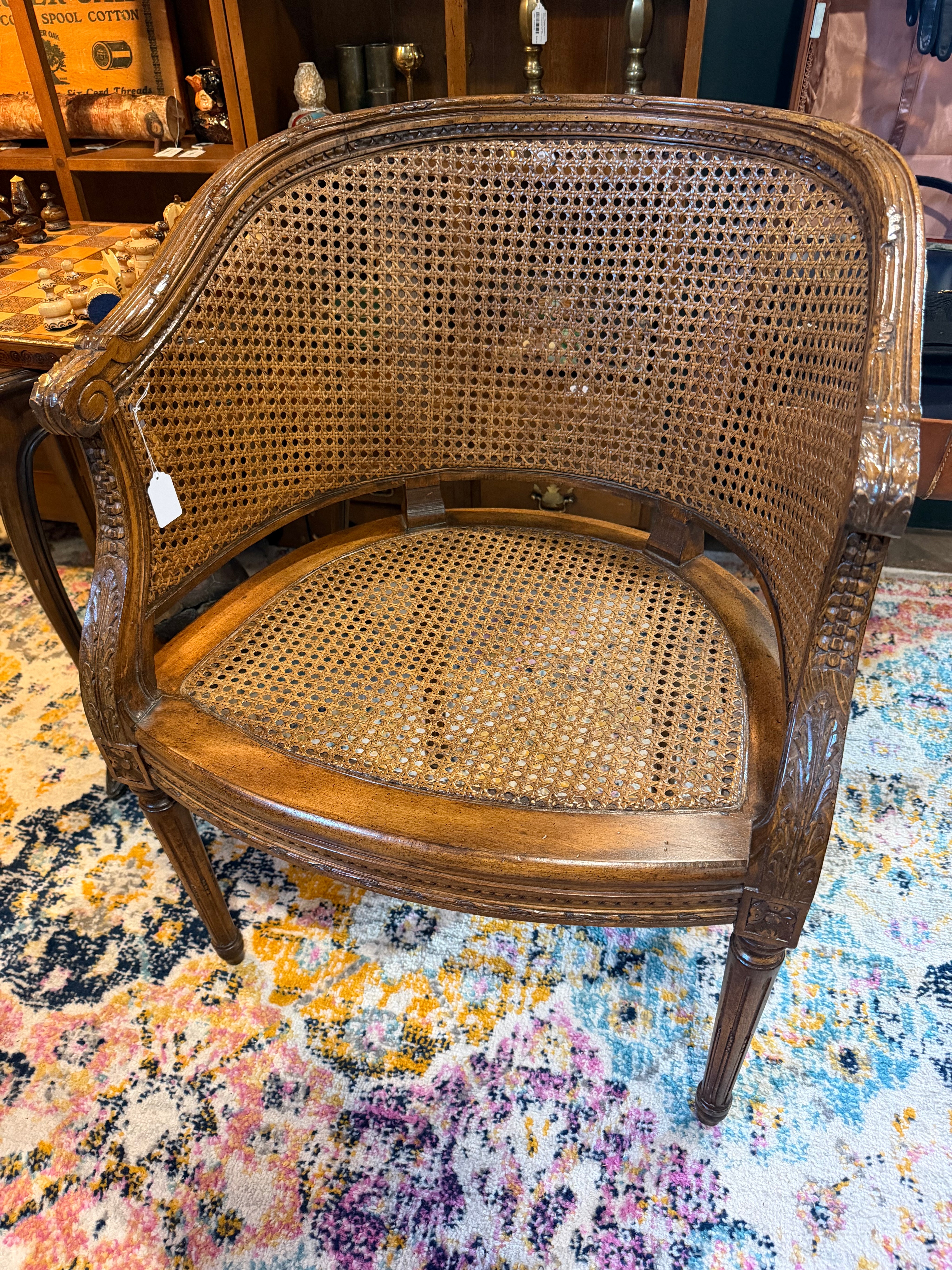 23” Louis XV Half-Moon Rattan and Hardwood Armchair