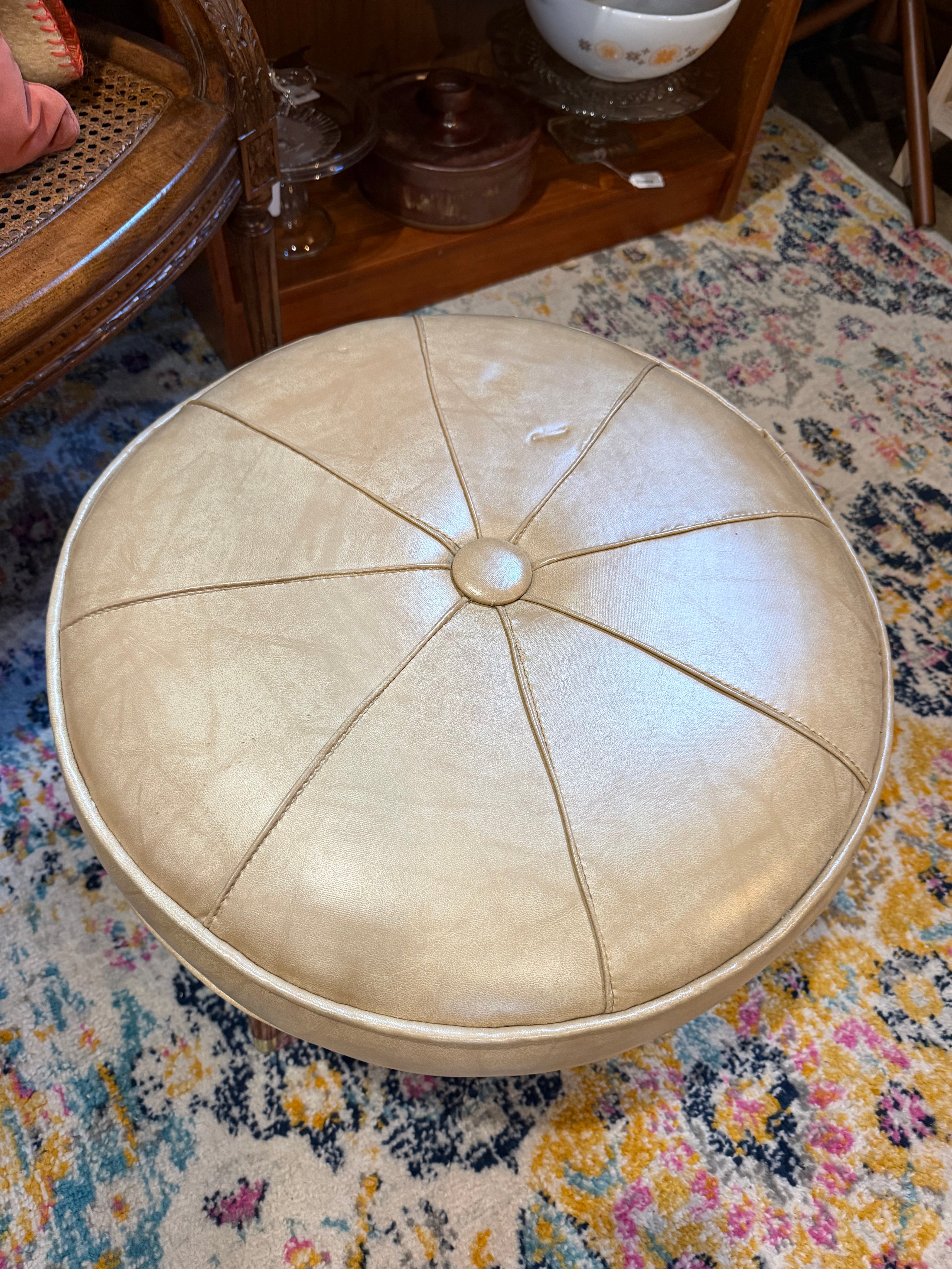 20” ottoman MCM beige Naugahyde tapered legs