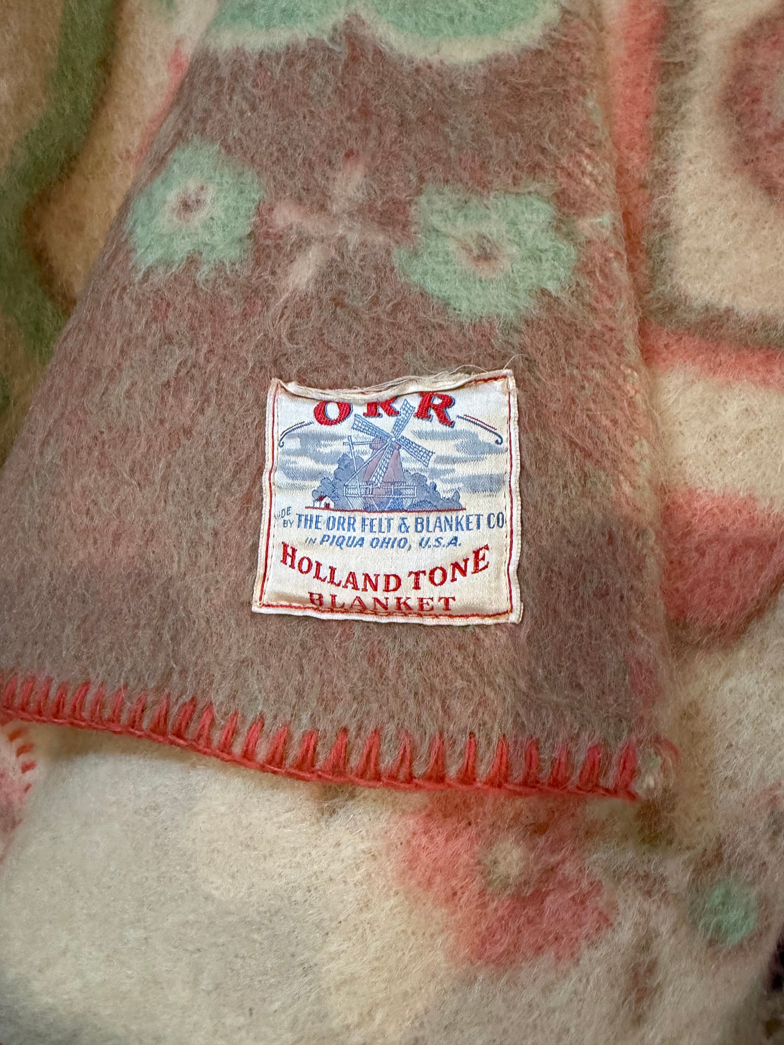 80” x69” Vtg 40s Orr felt  100% Wool Blanket Holland Tulip Reversible Rust & Cream