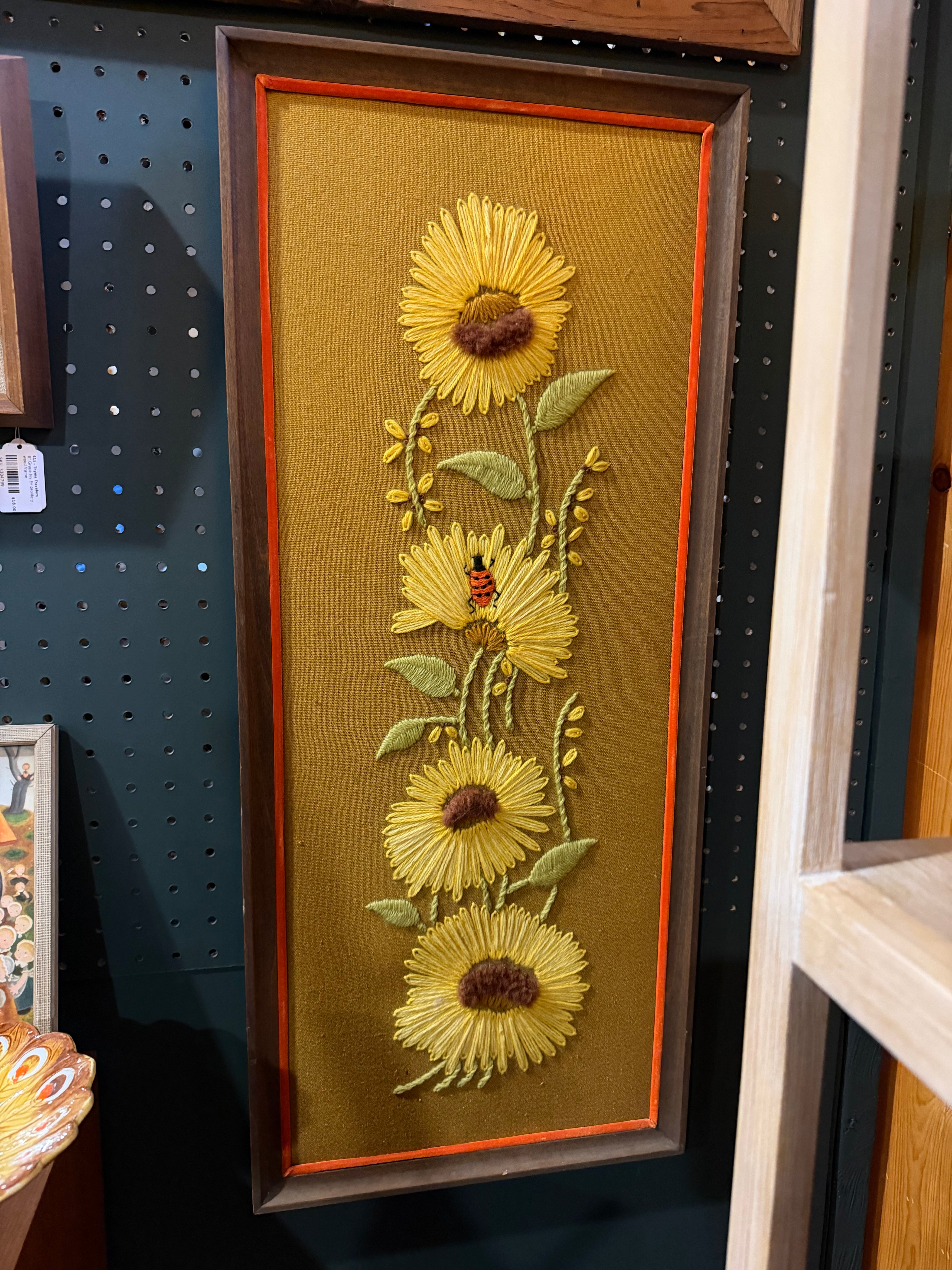 32x14” sunflower ladybug embroidered wall art