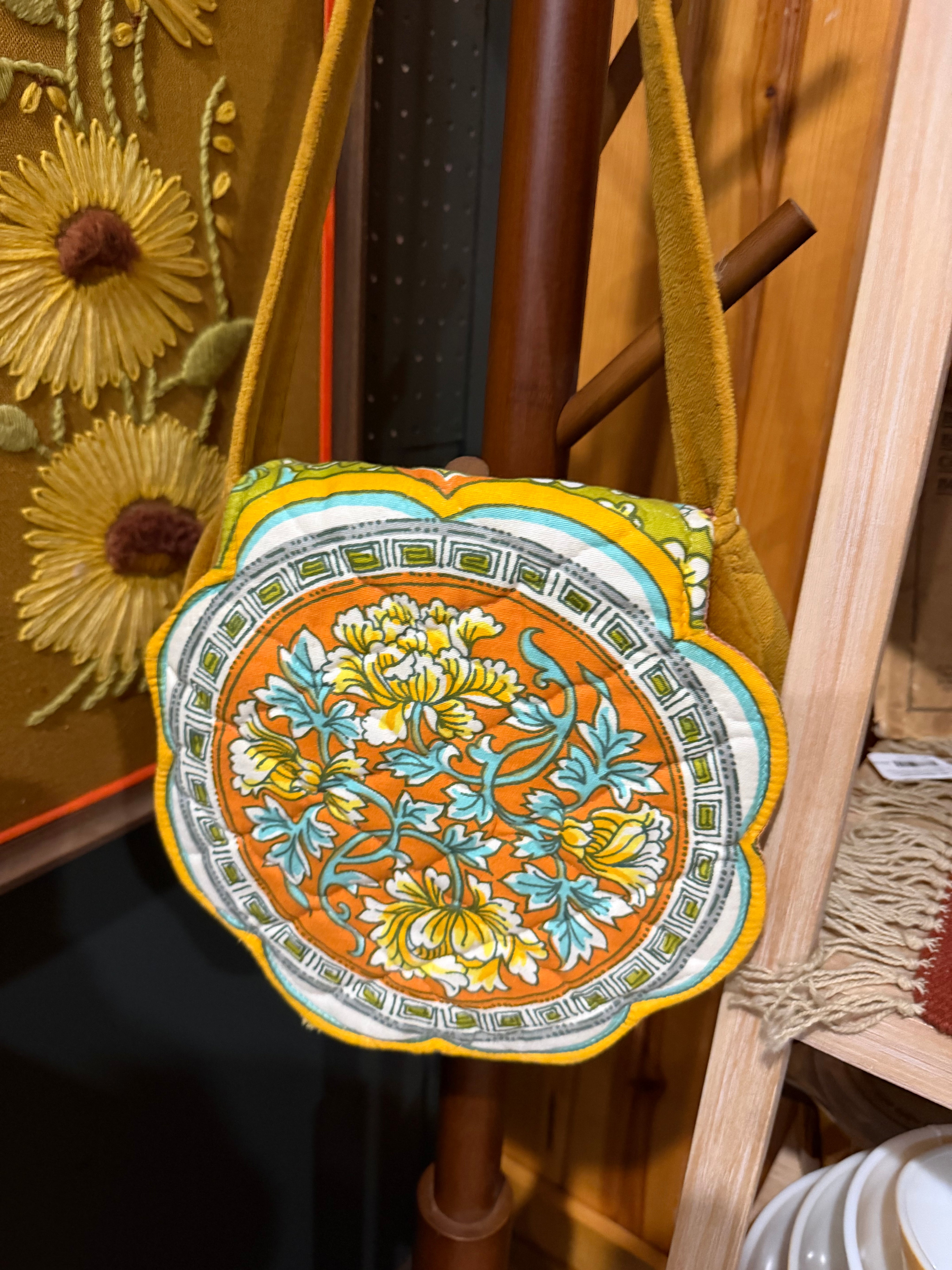 11” quilted yellow floral purse velvet 1960’s