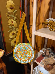 11” quilted yellow floral purse velvet 1960’s
