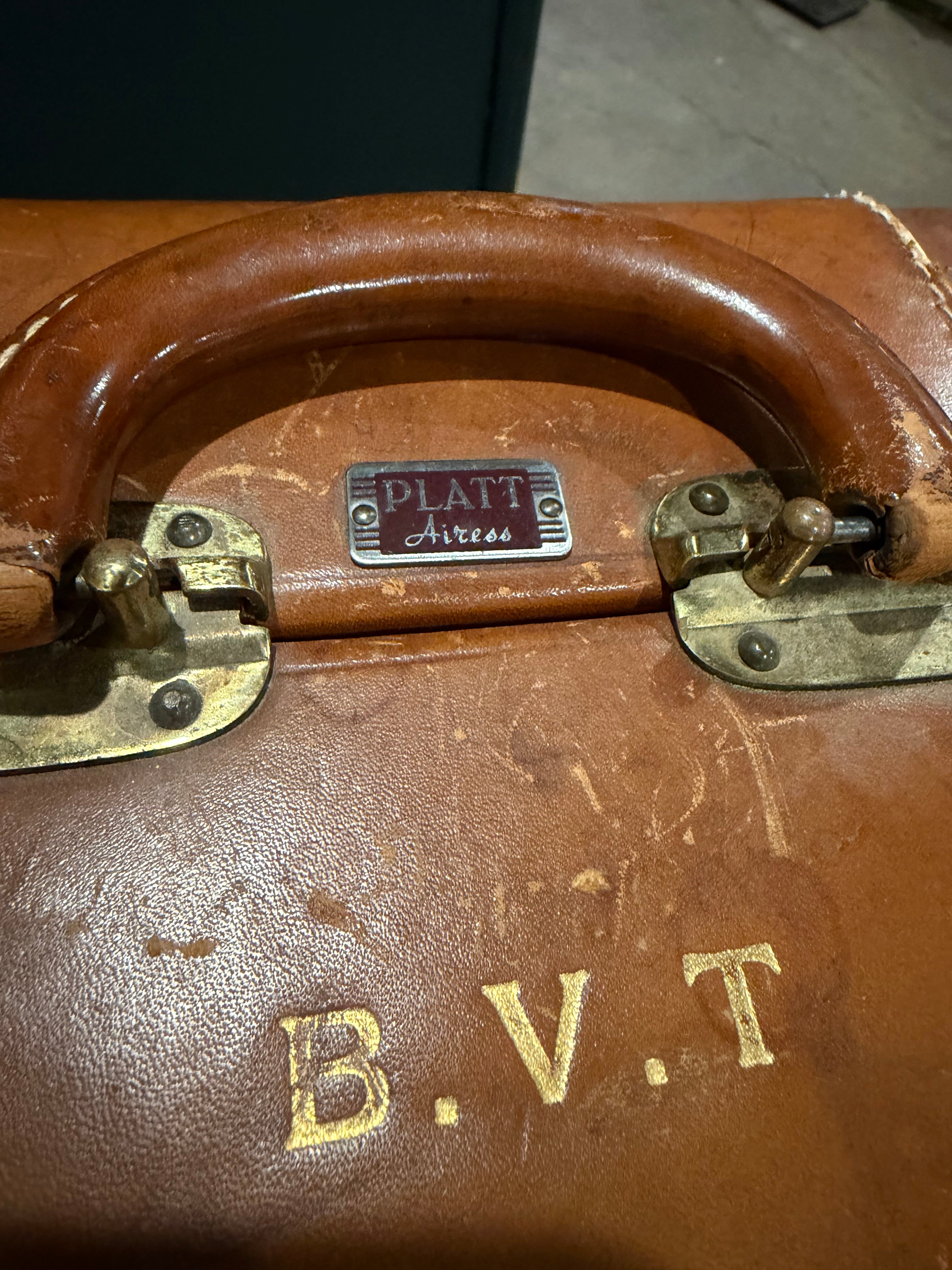 22x18x12” brown leather suitcase 1940’s “Platt”