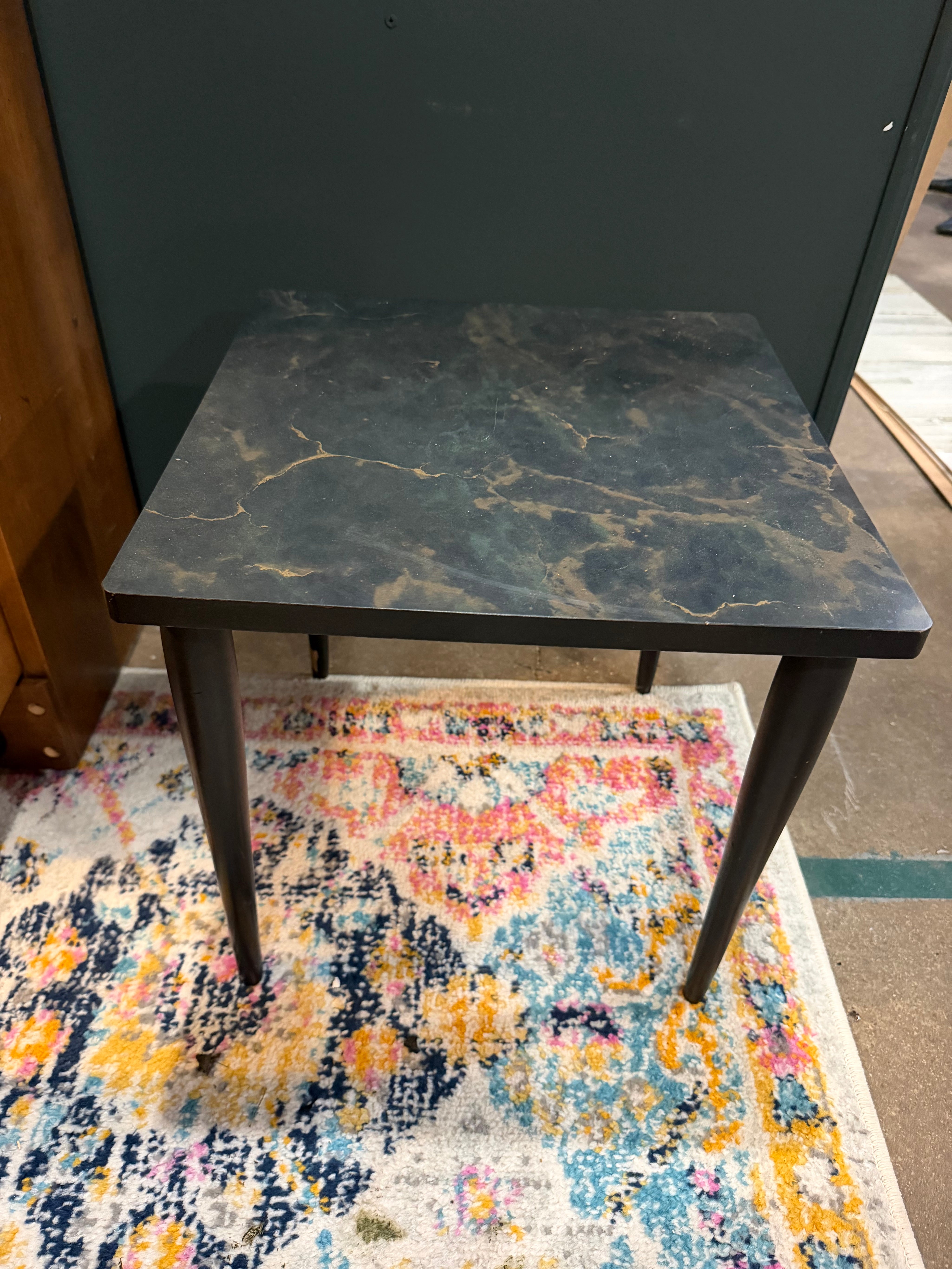 14x14x14 black MCM  side table faux marble tapered legs