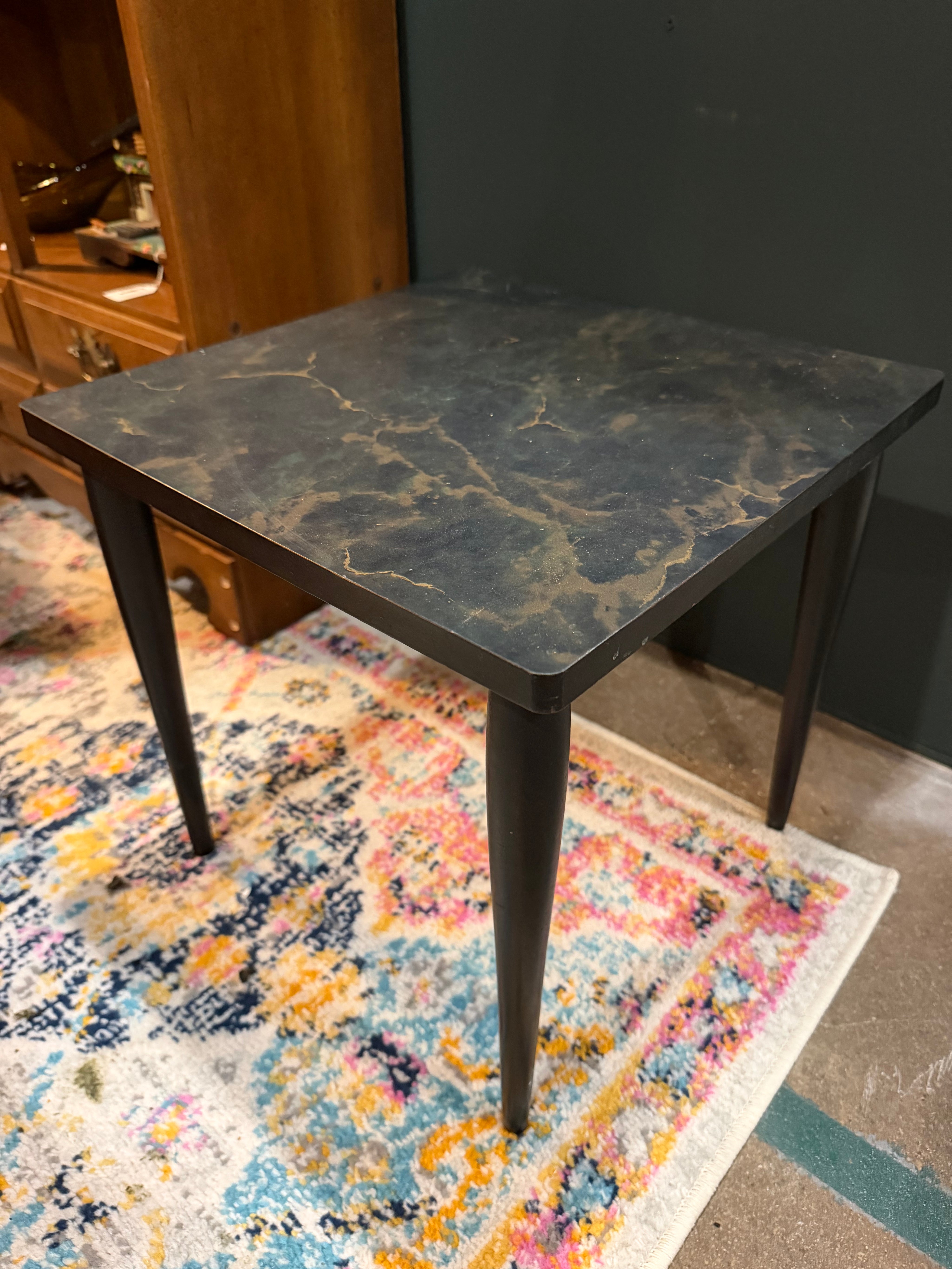 14x14x14 black MCM  side table faux marble tapered legs