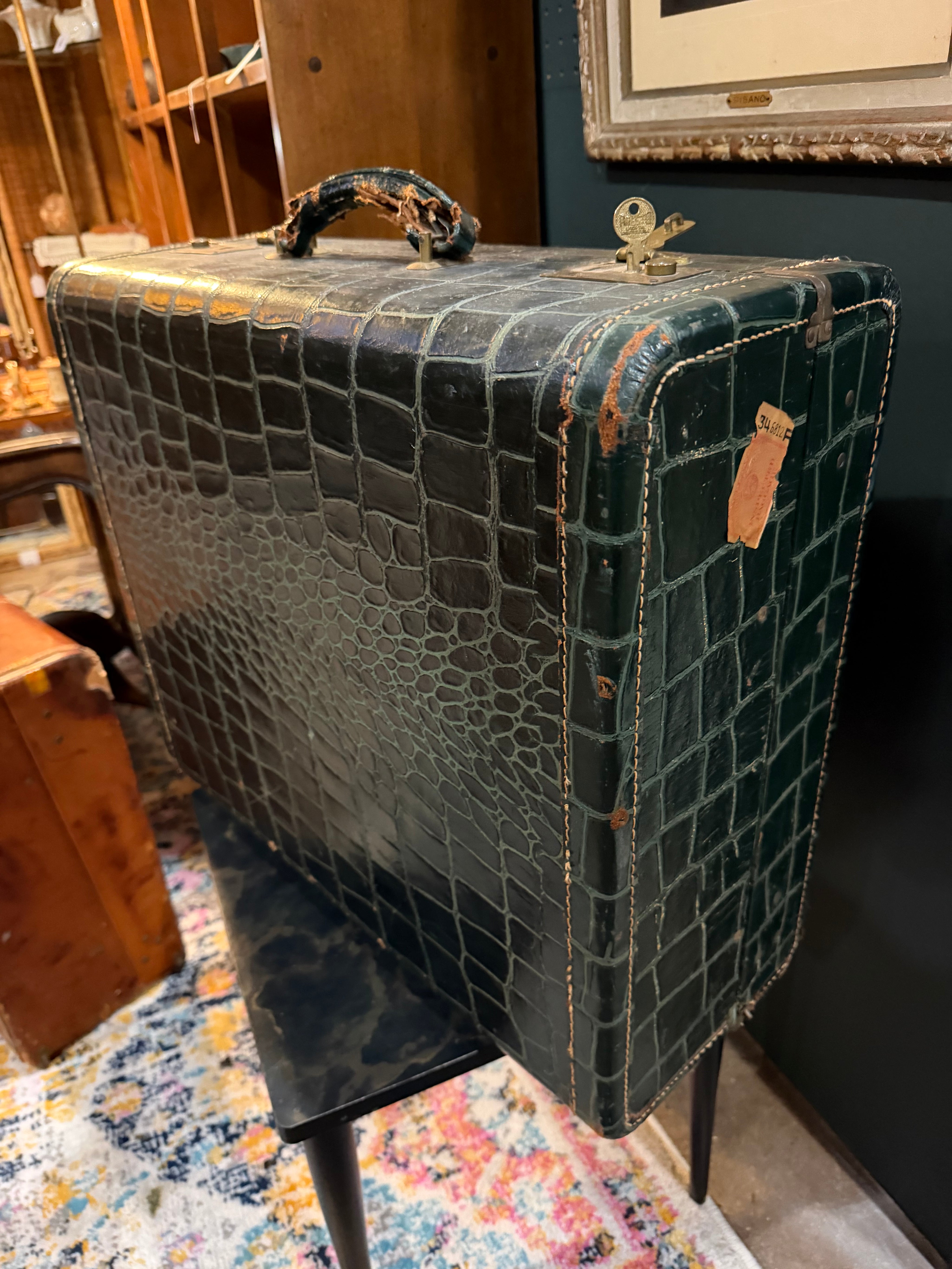 22x28 crocodile embossed green leather suitcase