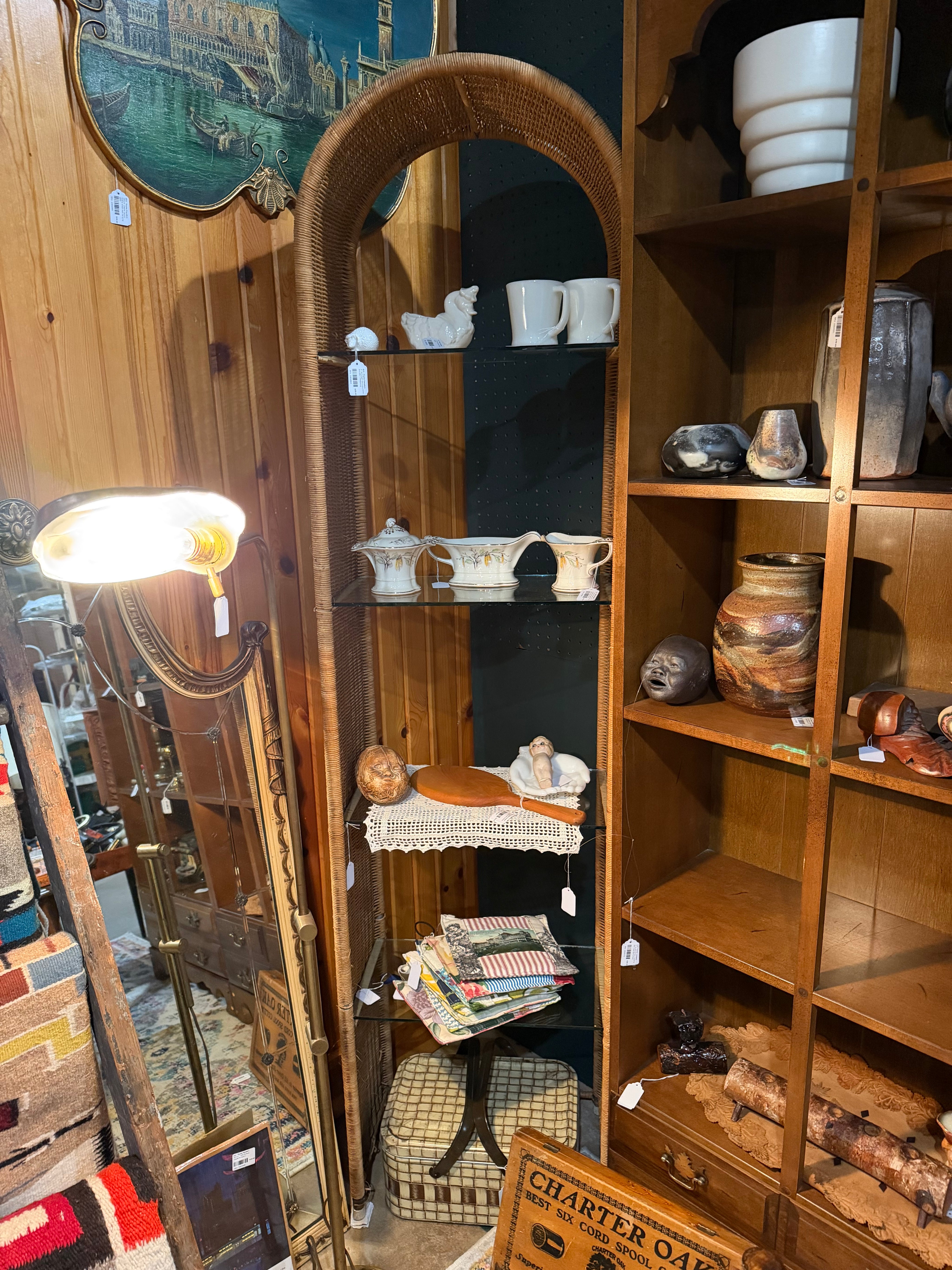 18x12x71 wicker tower glass shelves 1960’s