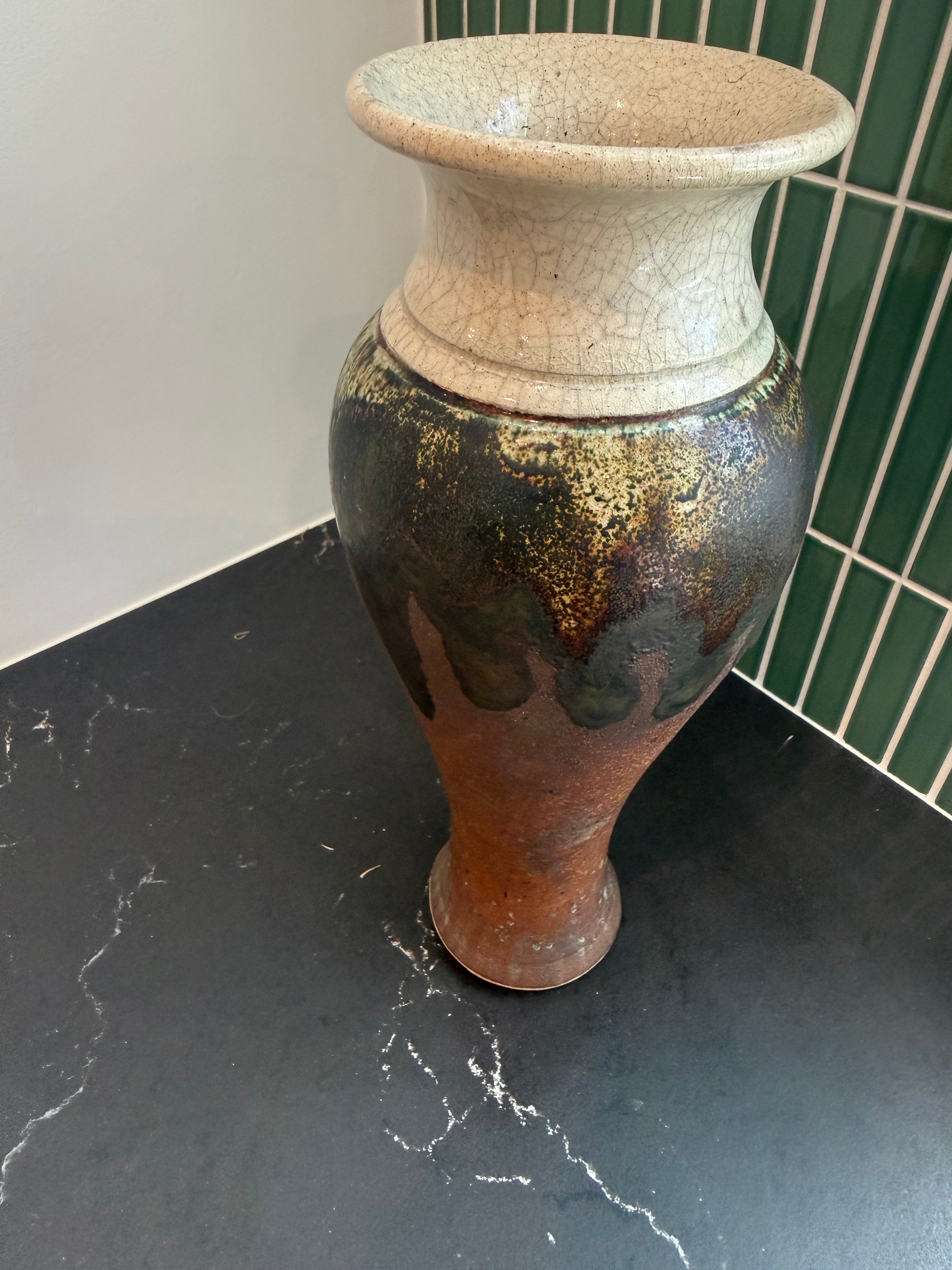 13” Raku Fired Vase Round Tree Pottery