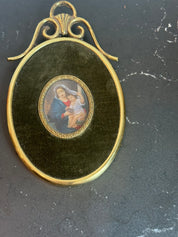 Miniature Brass & Velvet Framed Religious Wall Plaque