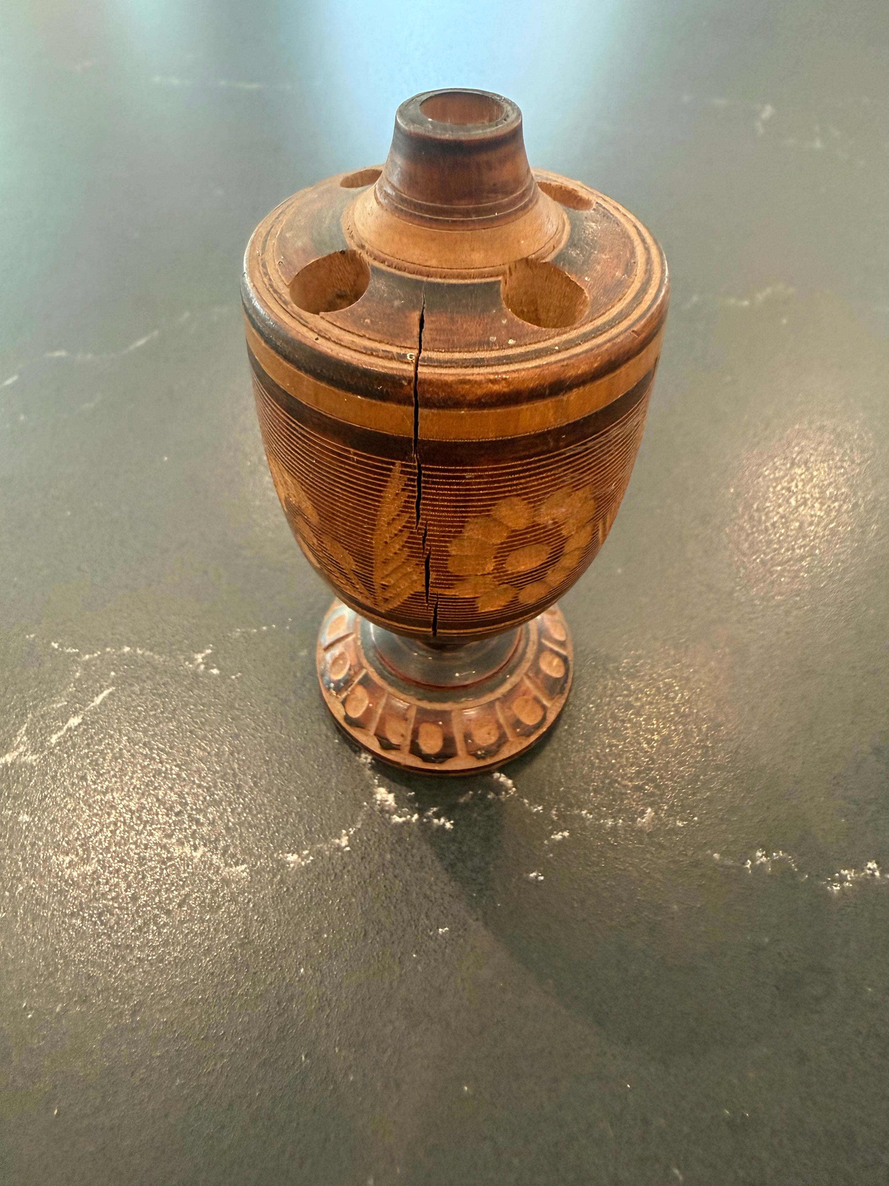 1960s turned wood with carved floral motif