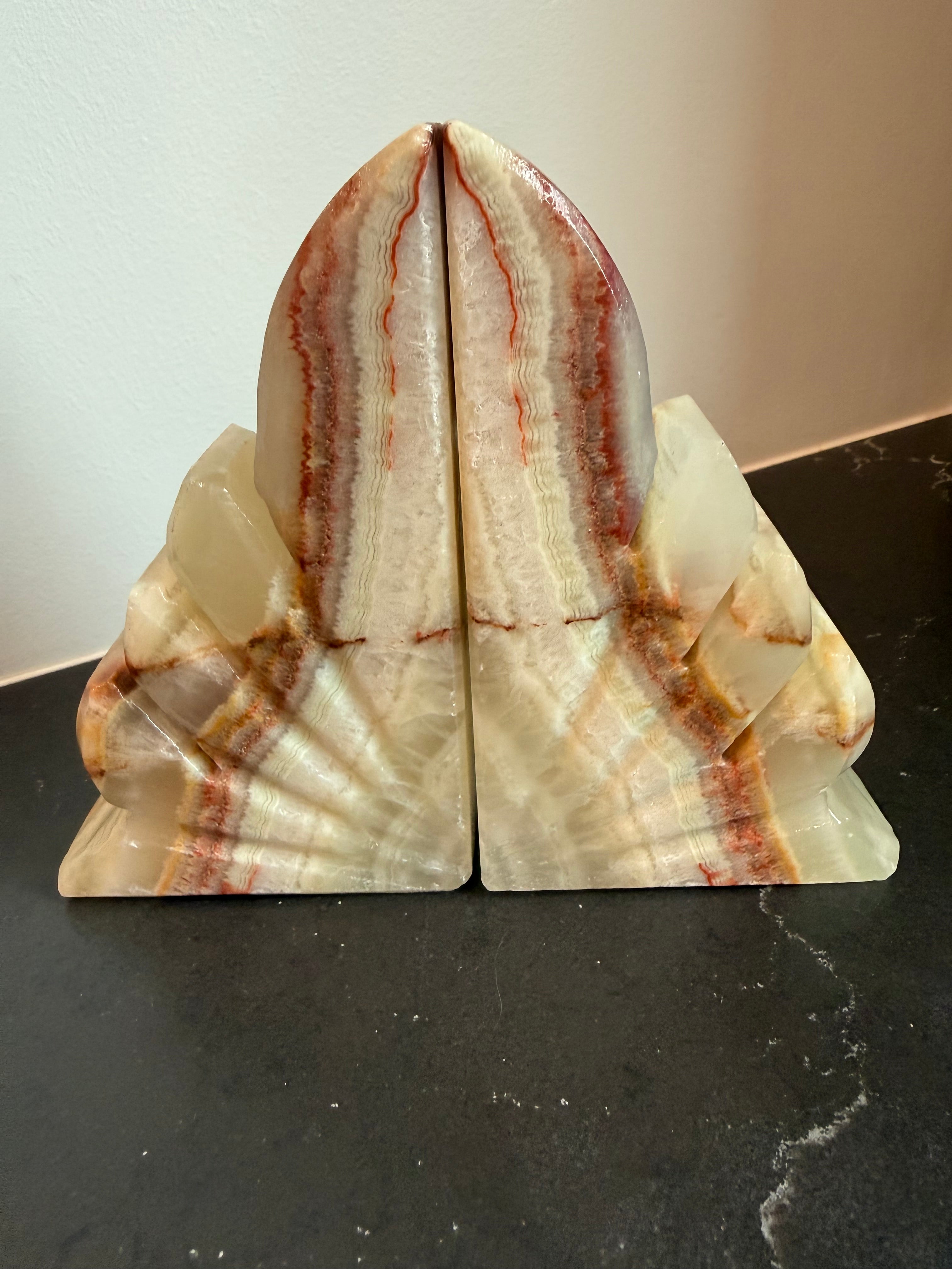Pair of Hand Carved Banded Onyx Bookends, MCM