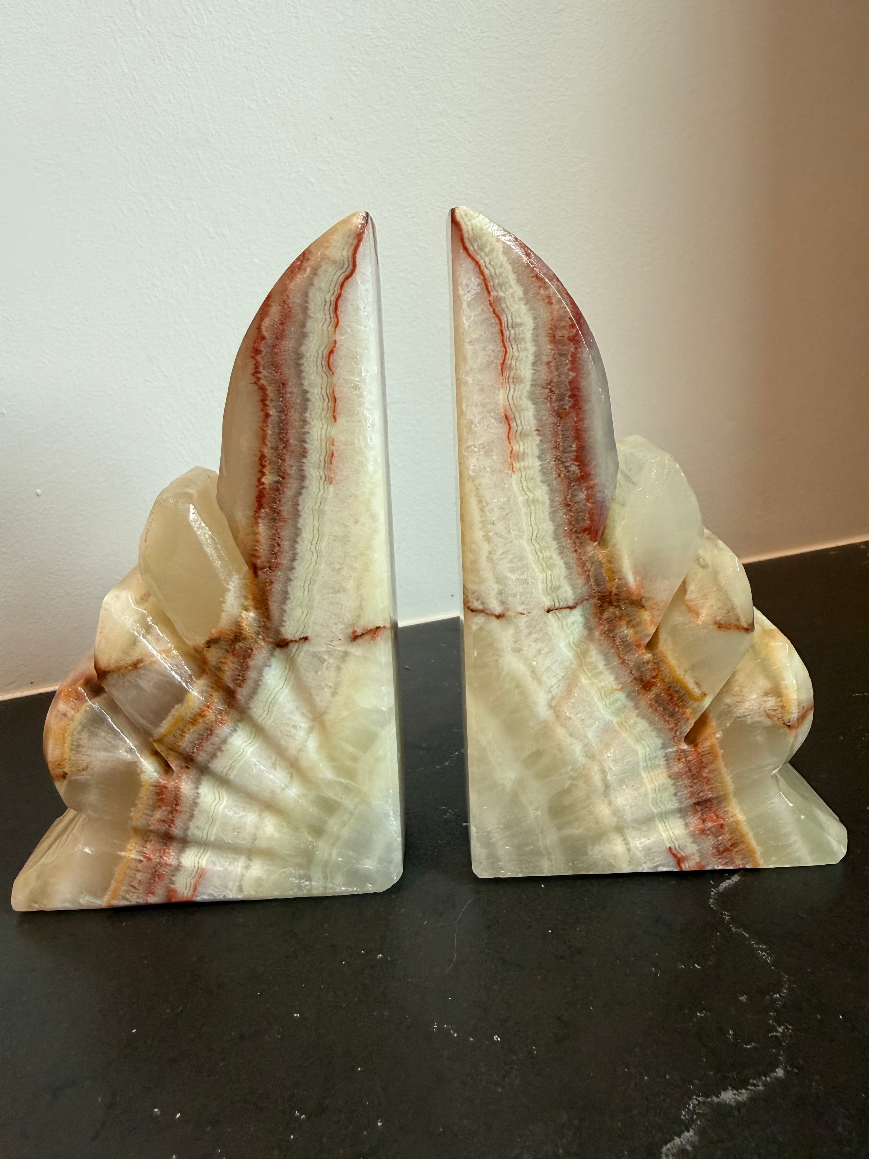 Pair of Hand Carved Banded Onyx Bookends, MCM