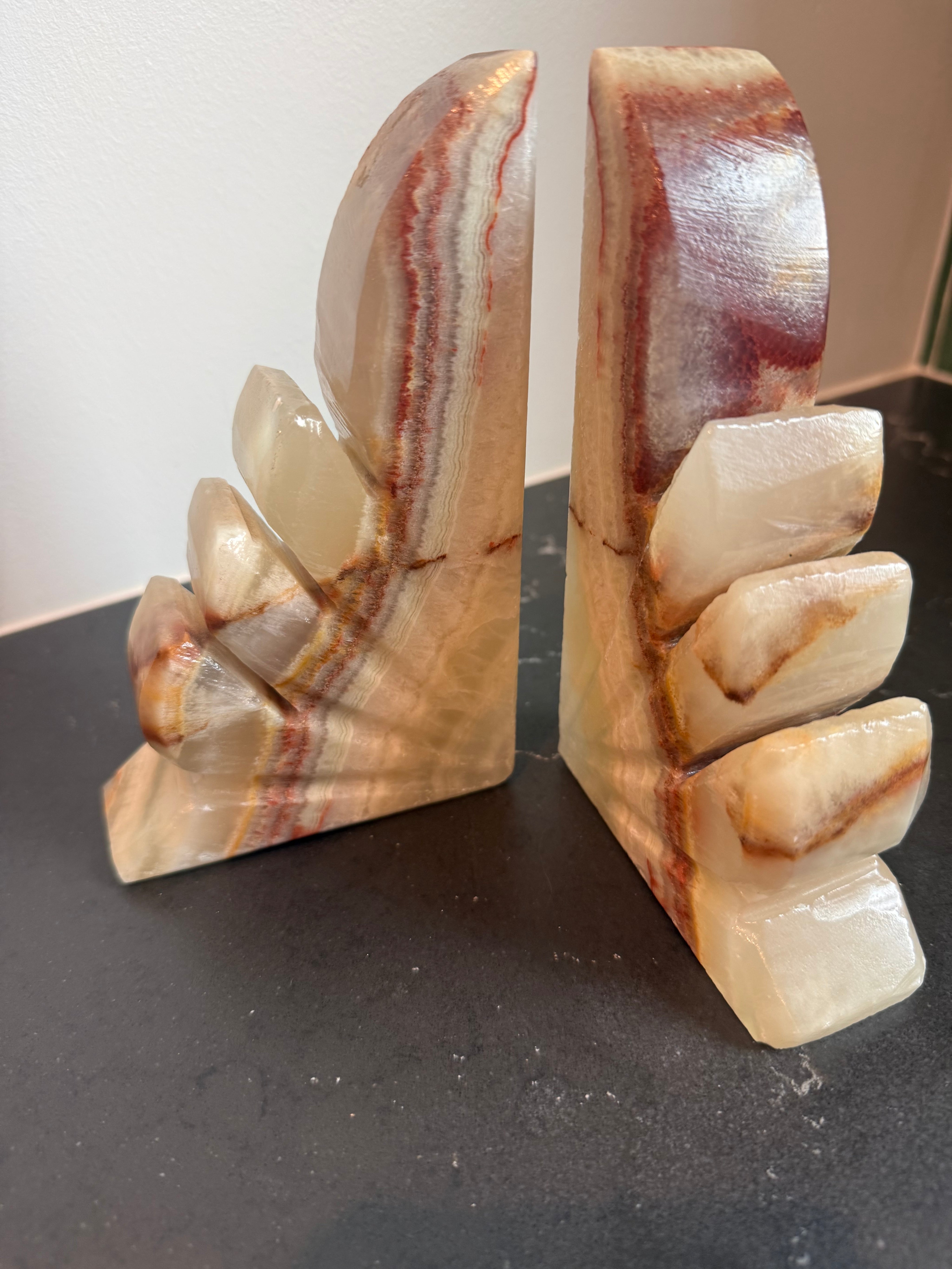 Pair of Hand Carved Banded Onyx Bookends, MCM