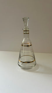 Vintage Decanter Crystal Glass Gold Rings Etched Stripes MCM Made in Russia 10"