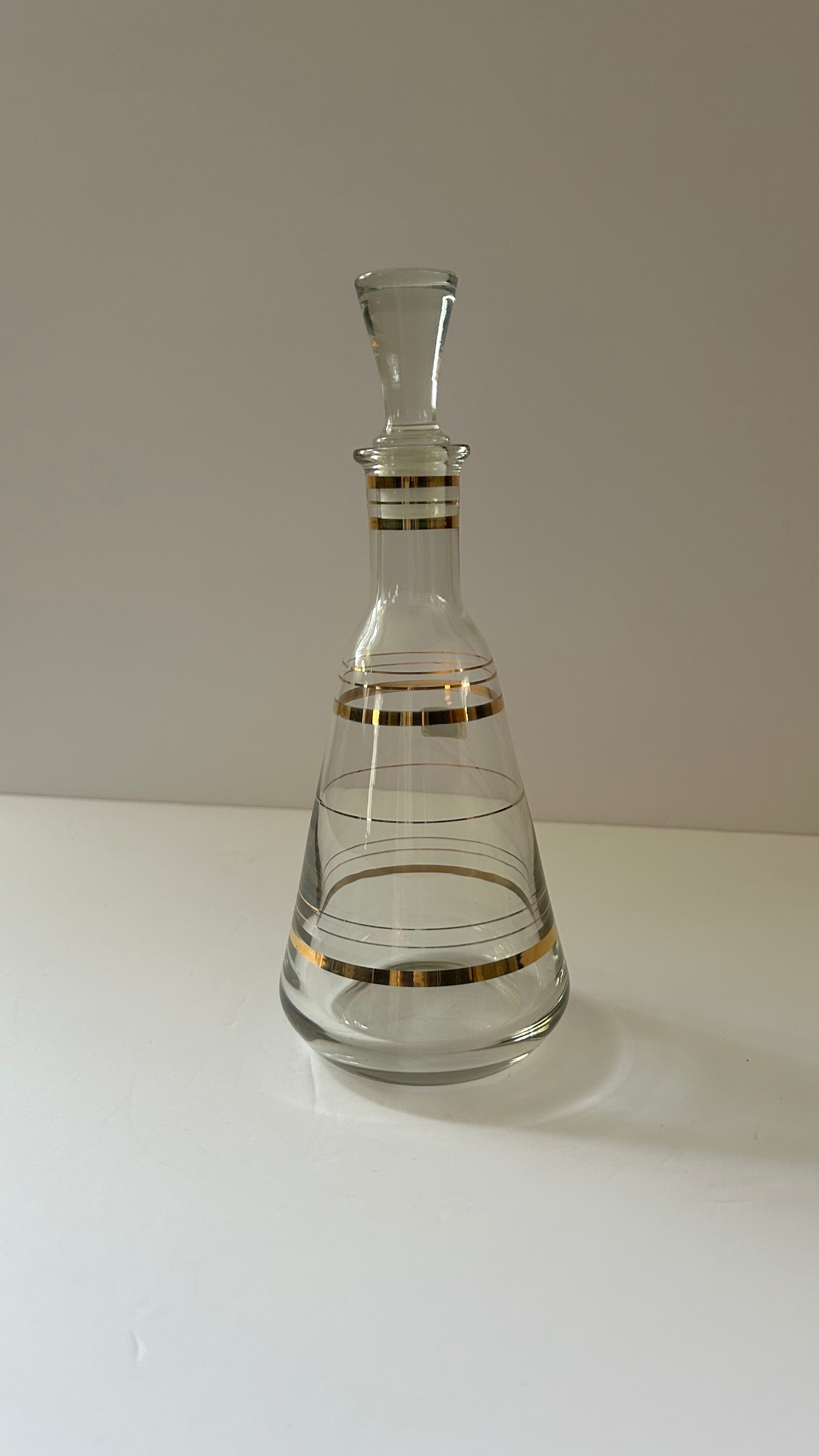 Vintage Decanter Crystal Glass Gold Rings Etched Stripes MCM Made in Russia 10"