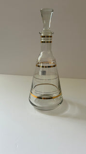 Vintage Decanter Crystal Glass Gold Rings Etched Stripes MCM Made in Russia 10"