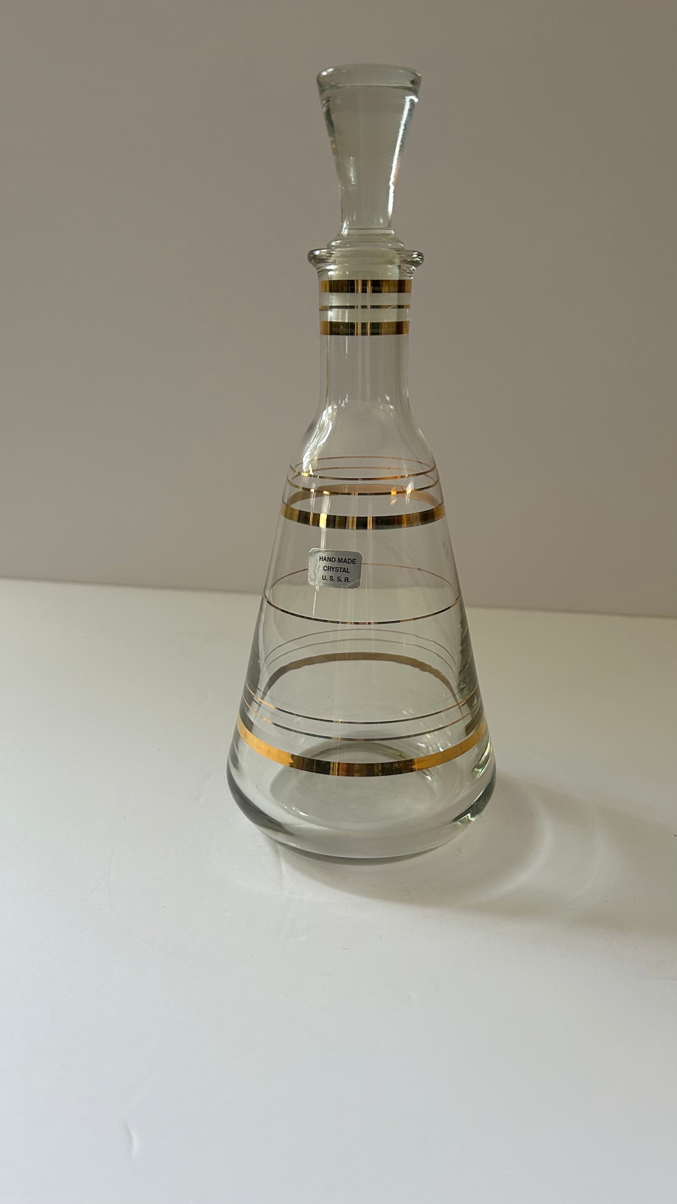 Vintage Decanter Crystal Glass Gold Rings Etched Stripes MCM Made in Russia 10"