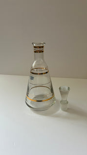 Vintage Decanter Crystal Glass Gold Rings Etched Stripes MCM Made in Russia 10"