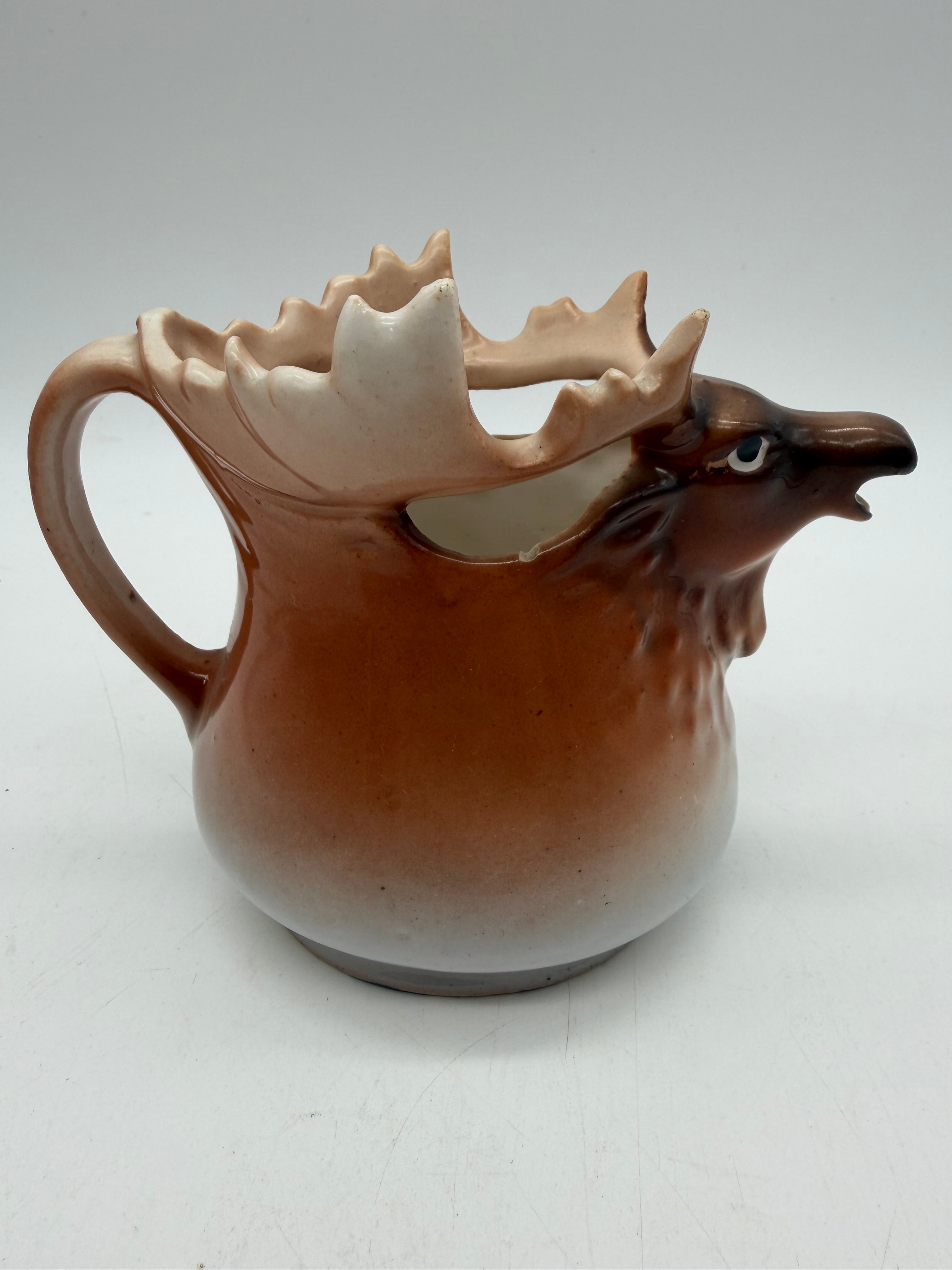 5”  Royal Bayreuth Bavaria Elk Stag Creamer Jug Brown Ceramic Handle Pottery