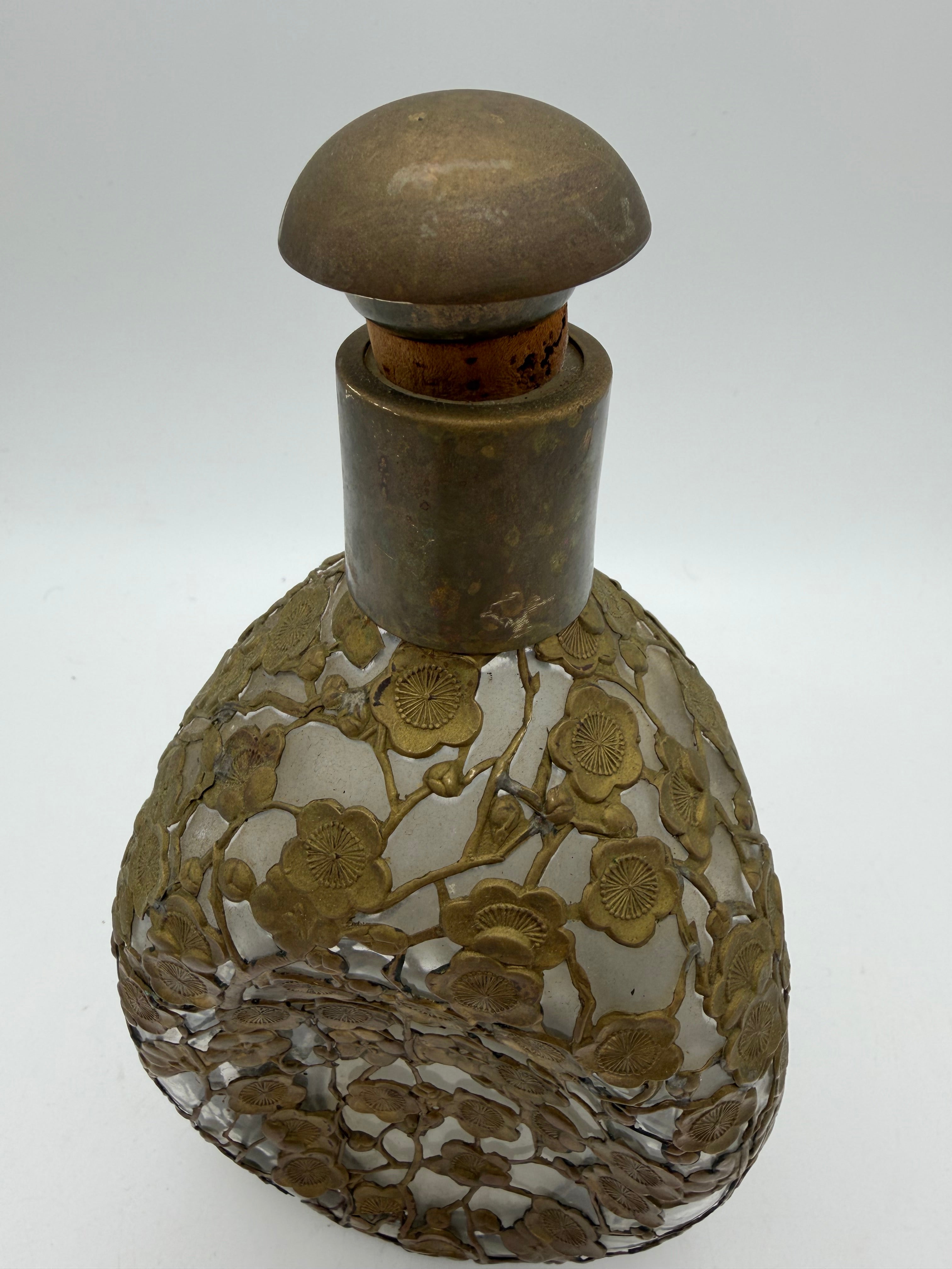 9” Japanese Bronze Ormolu pinch Bottle Hollywood Regency Cherry blossom