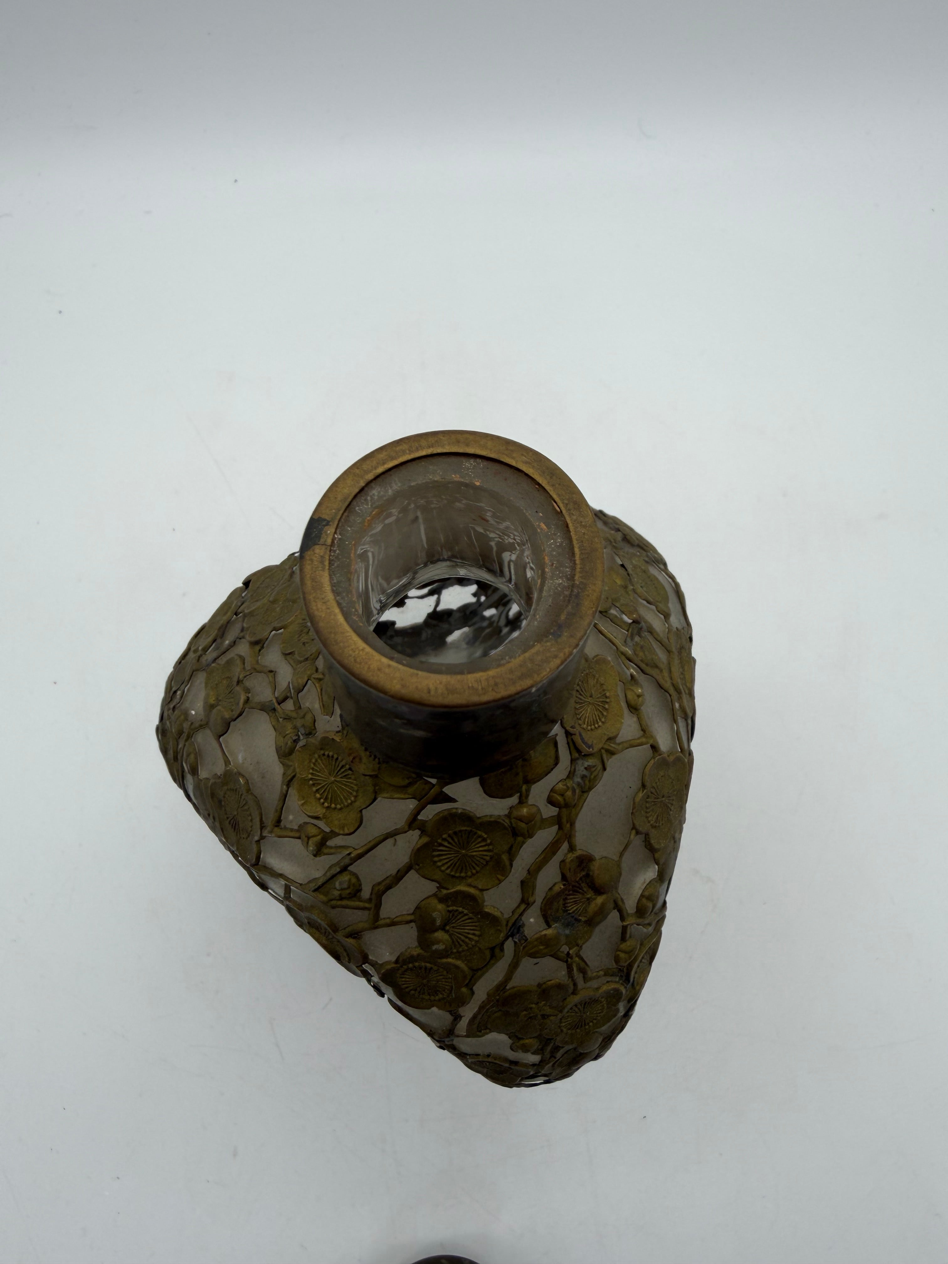 9” Japanese Bronze Ormolu pinch Bottle Hollywood Regency Cherry blossom