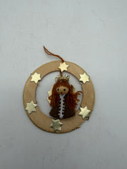 3” Angel ornament light wood brown gold stars