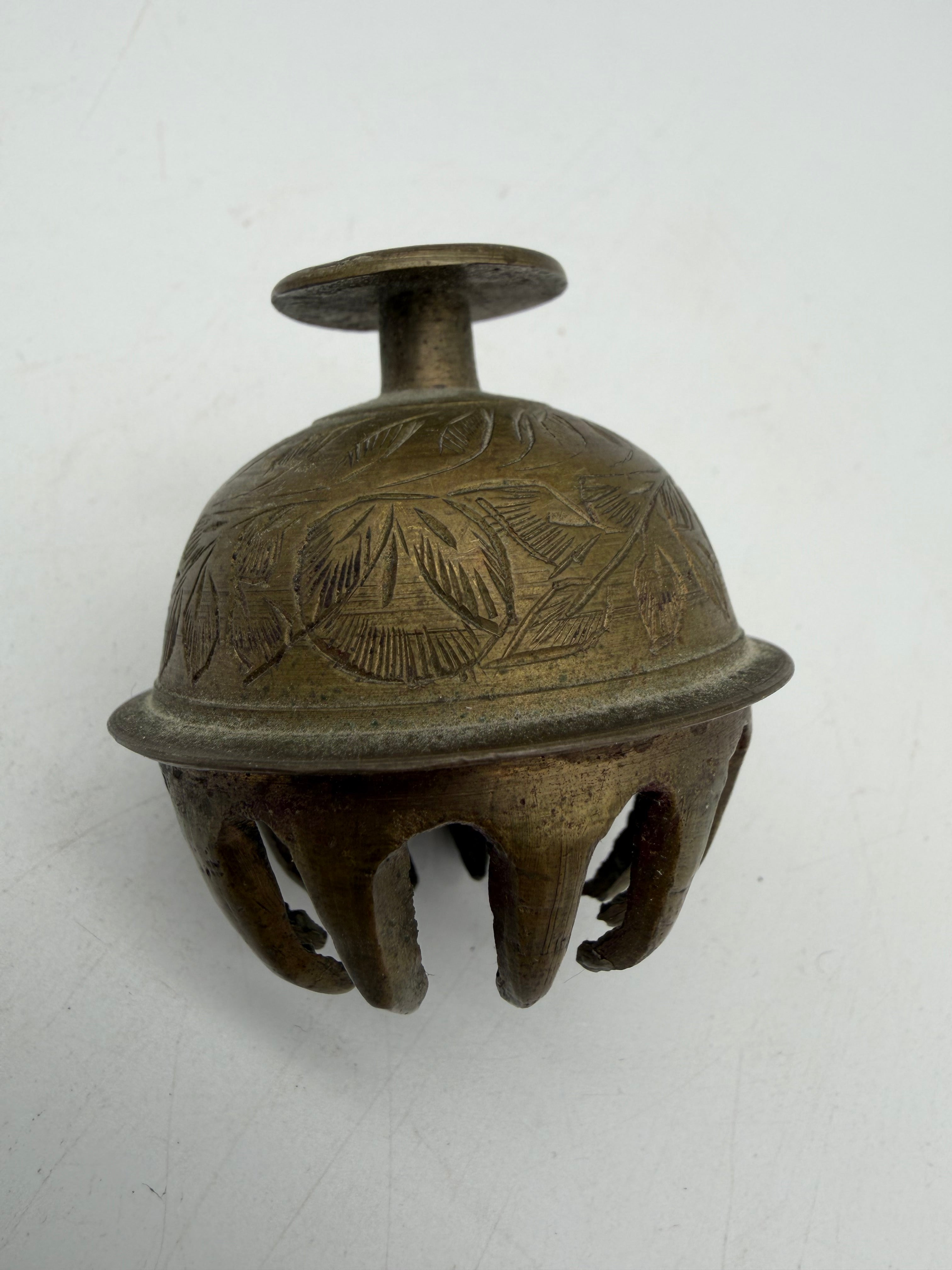 2” Vintage Indian Brass  claw  Bell Floral Engraved Hanging Temple Bell