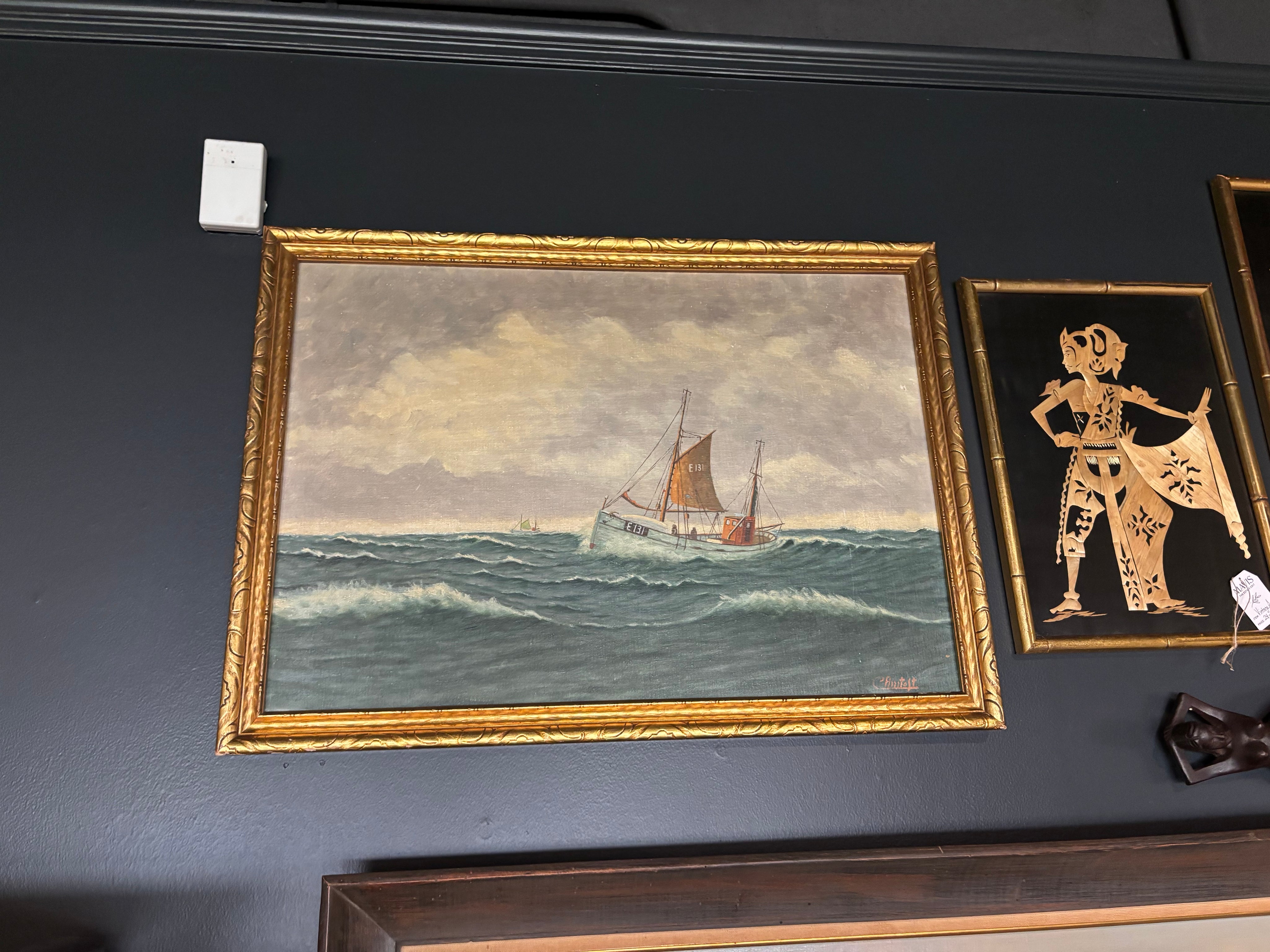 mcm Danish fishing cutter painting by Ernst Antoft in gold frame