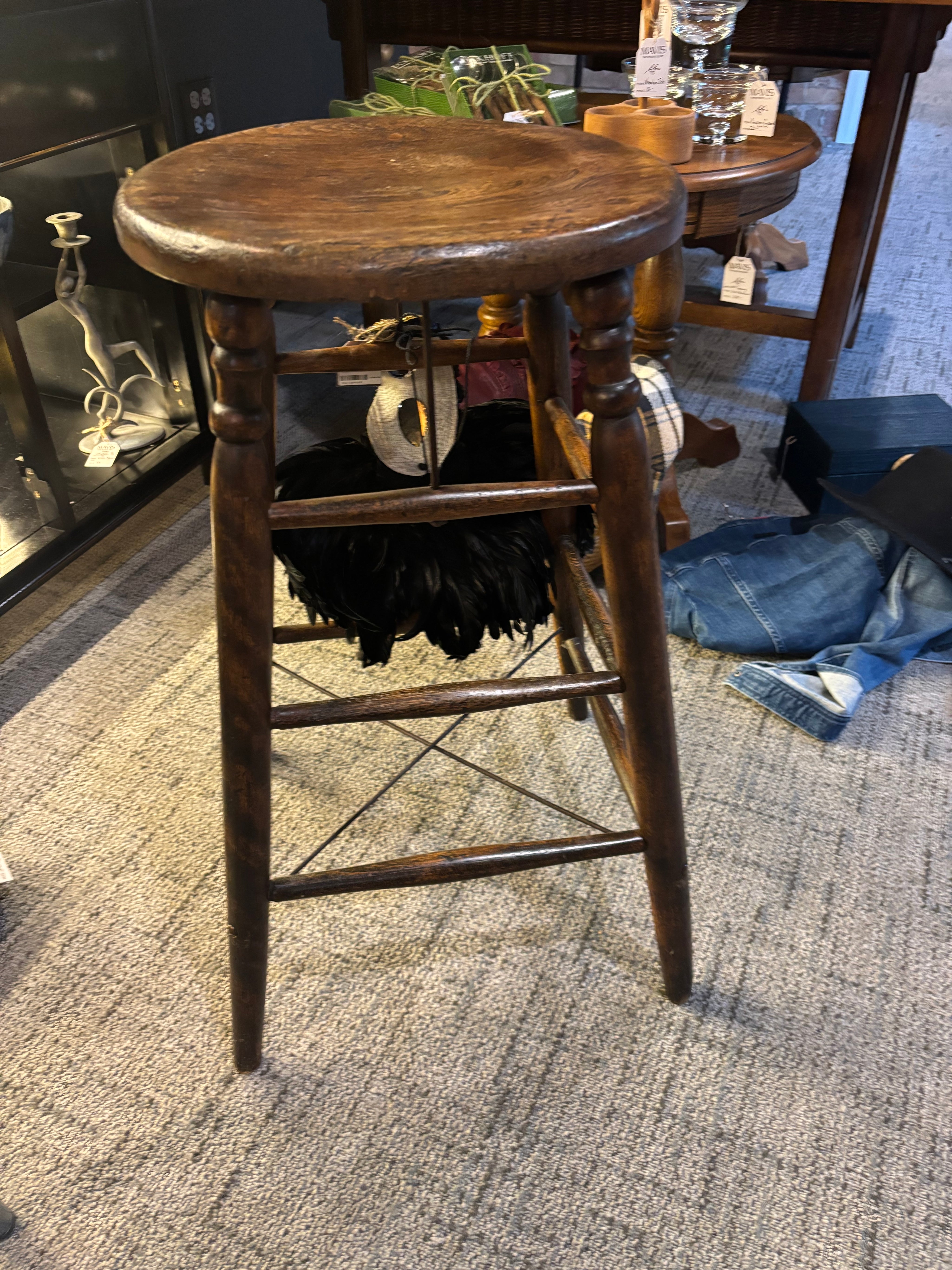 Antique Heywood-Wakefield Solid Oak Mid-Century Turned Leg Stool
