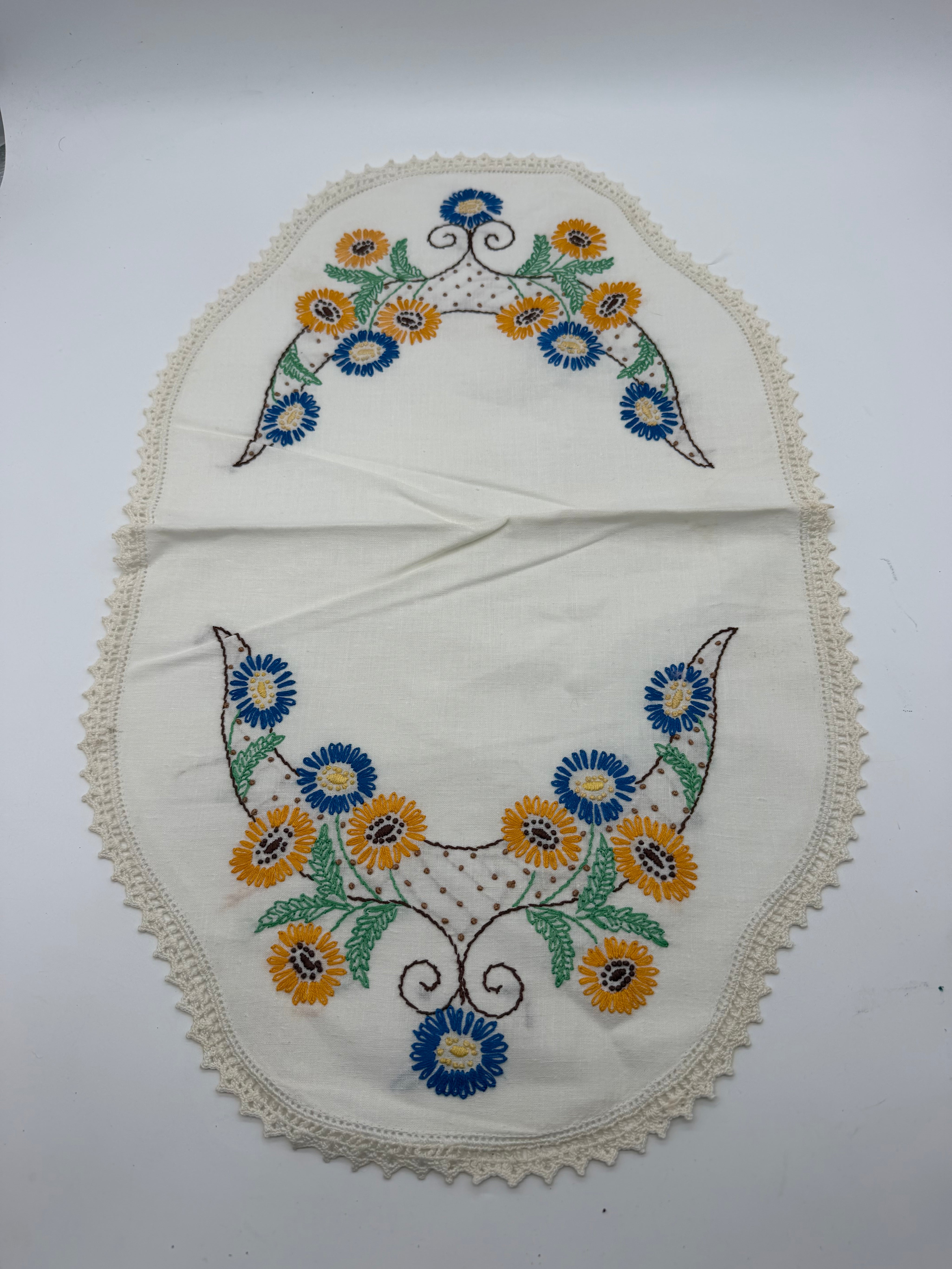 20” dresser scarf linen embroidered blue yellow flowers