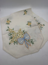 36” dresser scarf embroidered blue bow yellow flowers