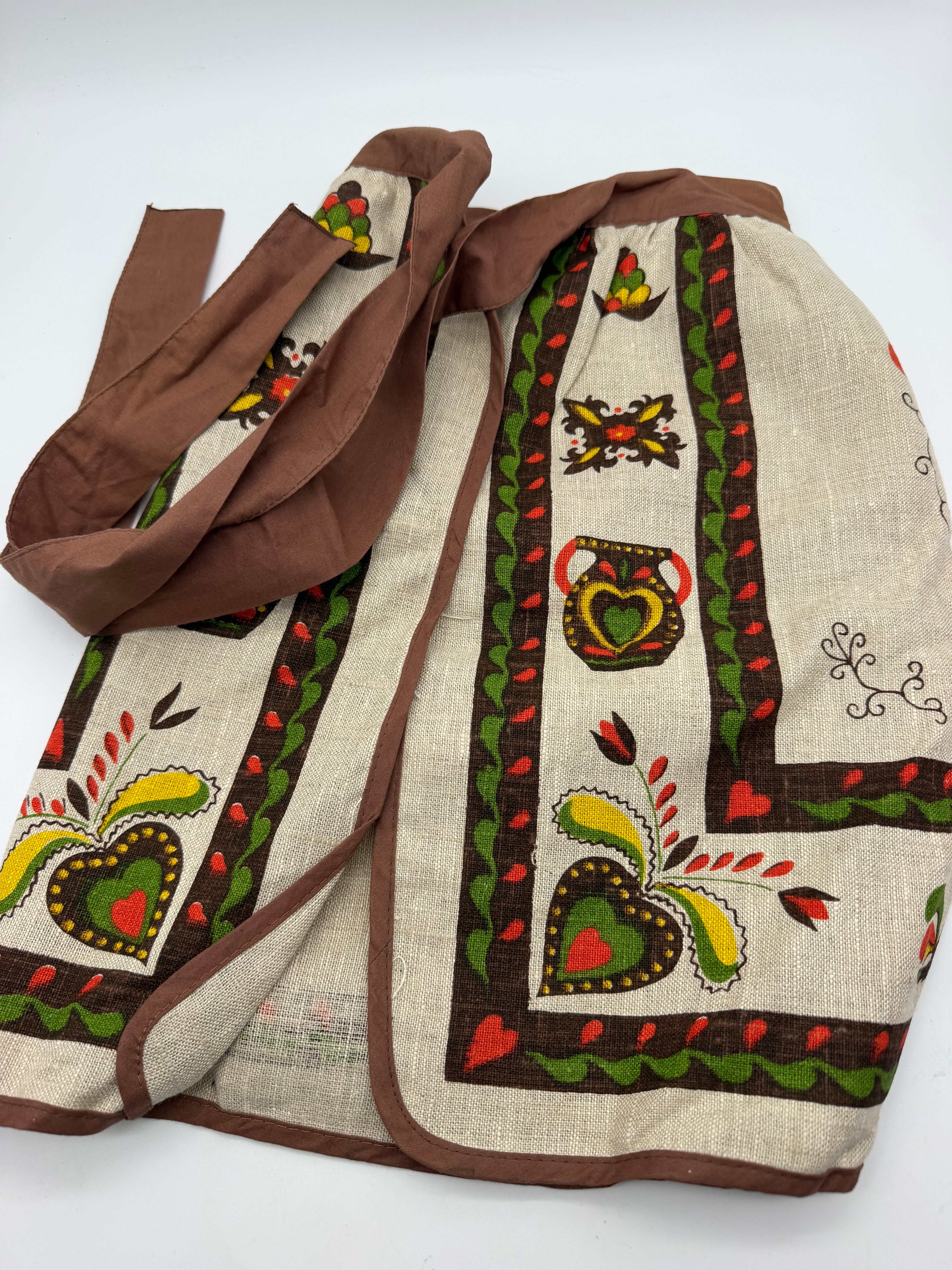 17” brown Half Waist Vintage Apron Linen Parisian Print Folk Art Pennsylvania Dutch