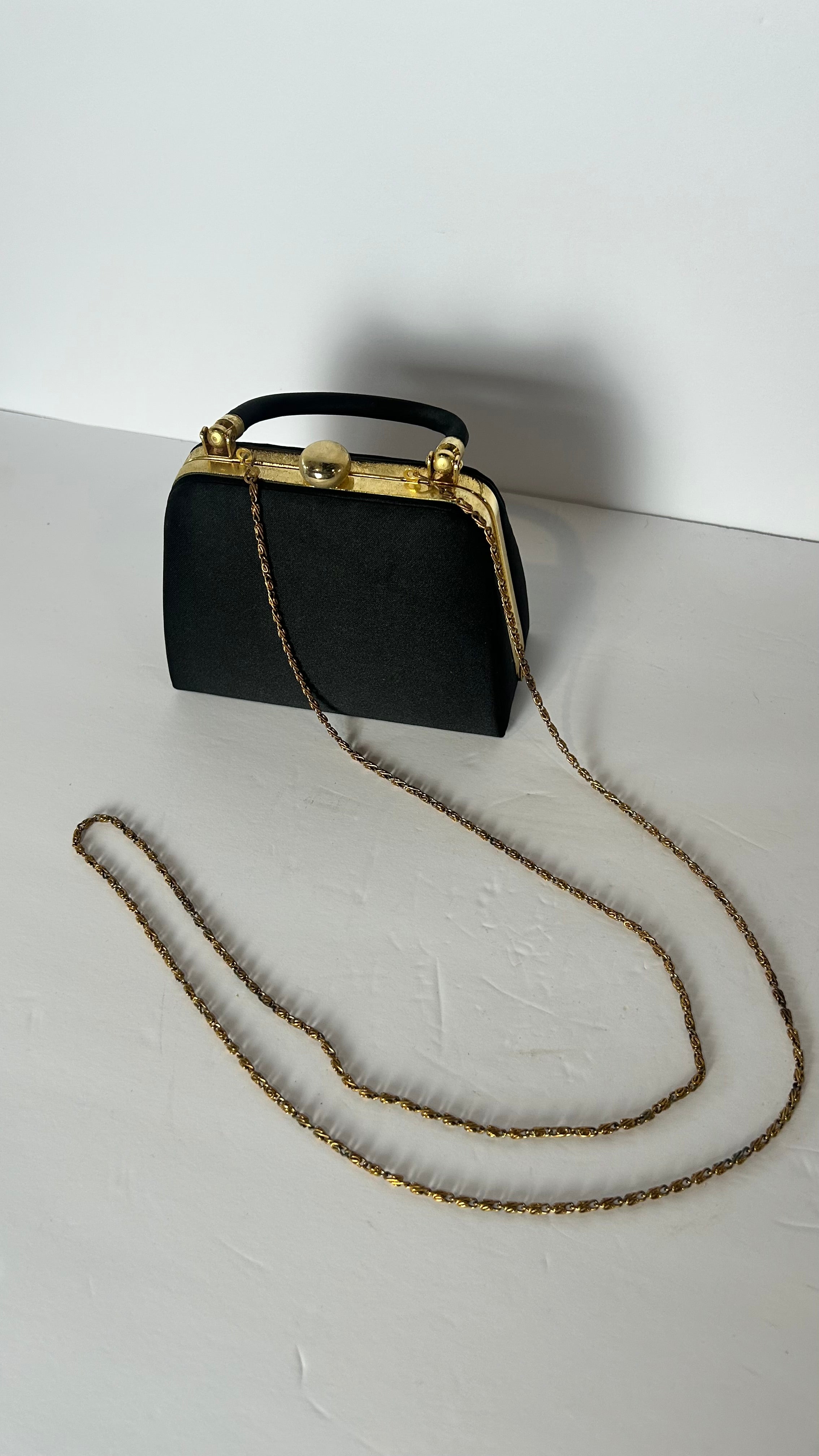 Vintage black  satin evening bag w/ detachable chain