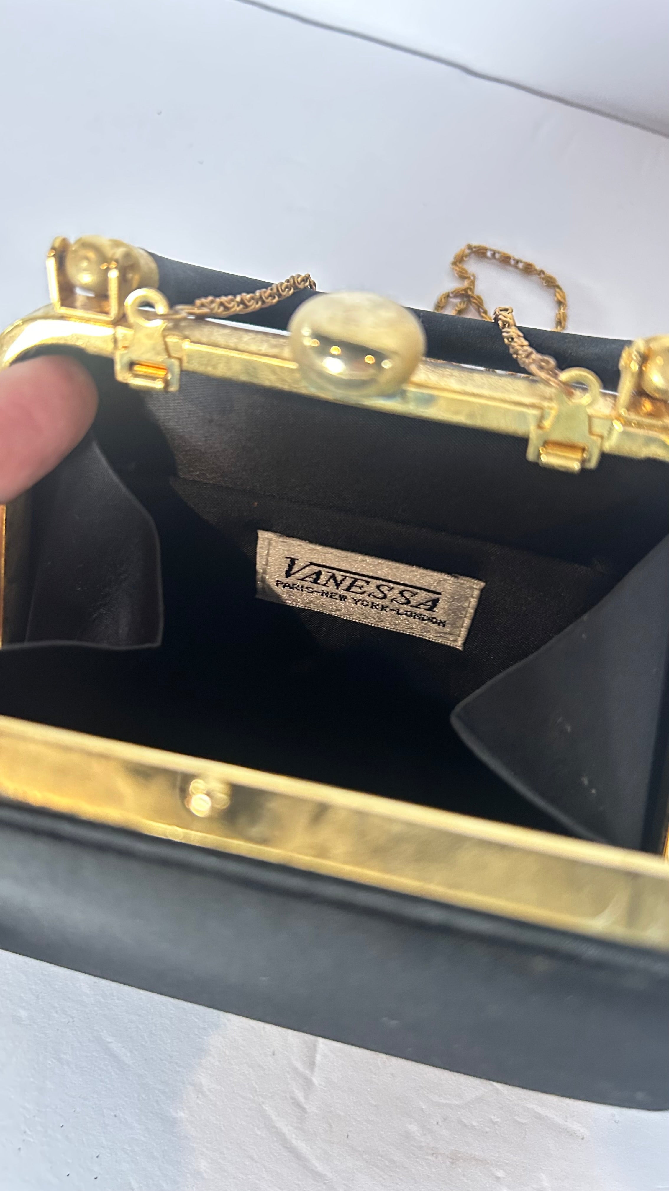 Vintage black  satin evening bag w/ detachable chain