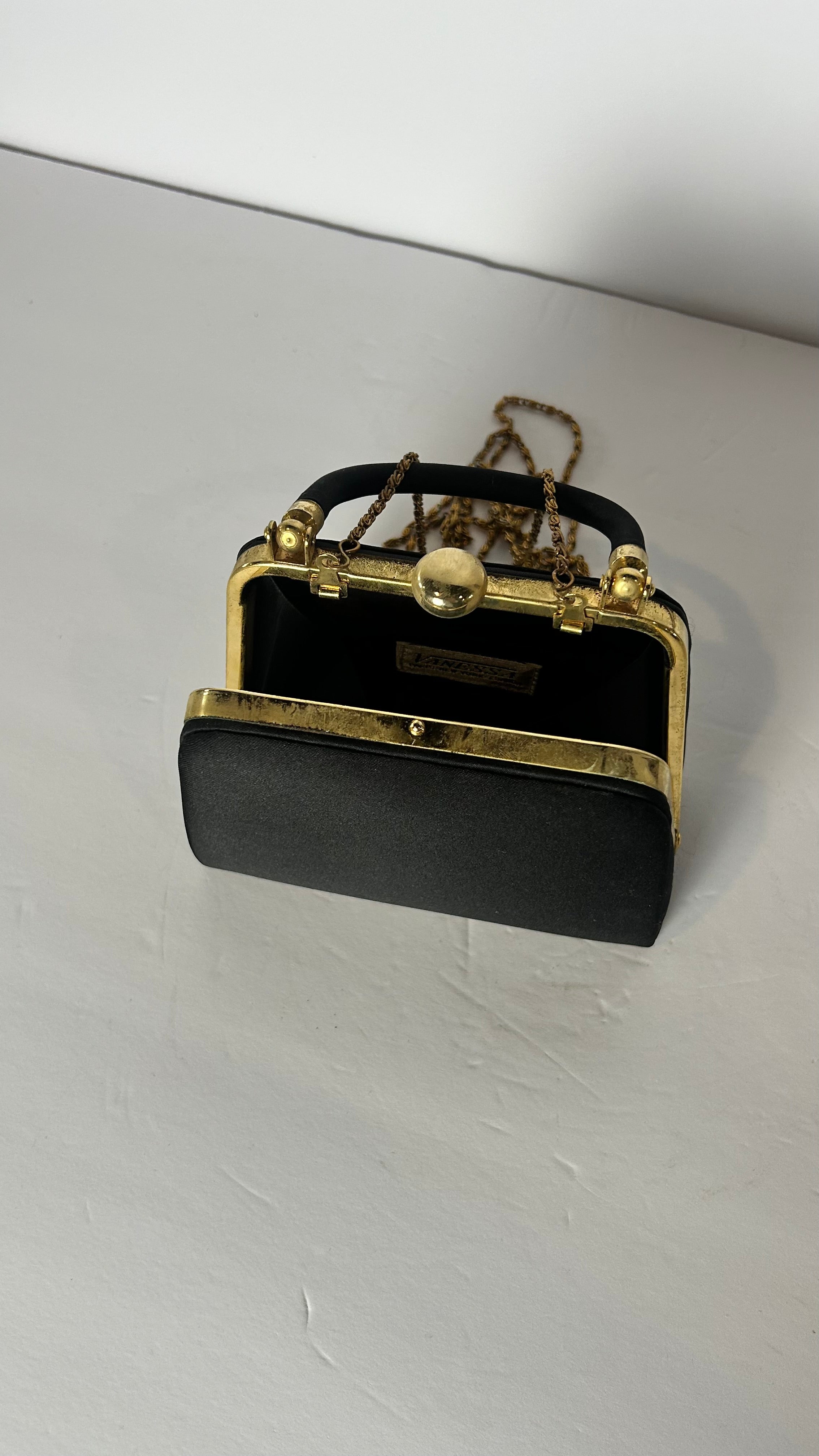 Vintage black  satin evening bag w/ detachable chain