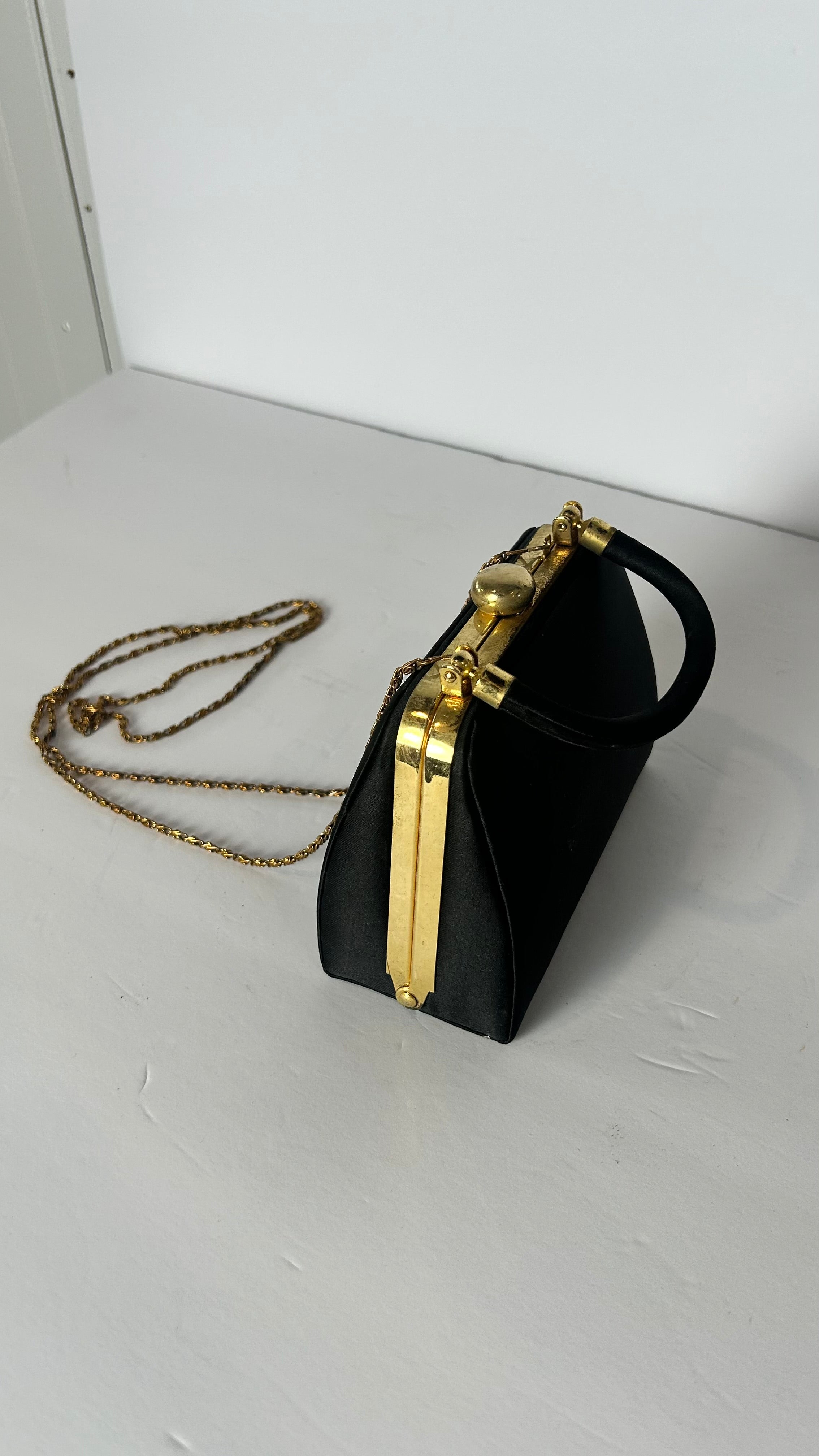 Vintage black  satin evening bag w/ detachable chain
