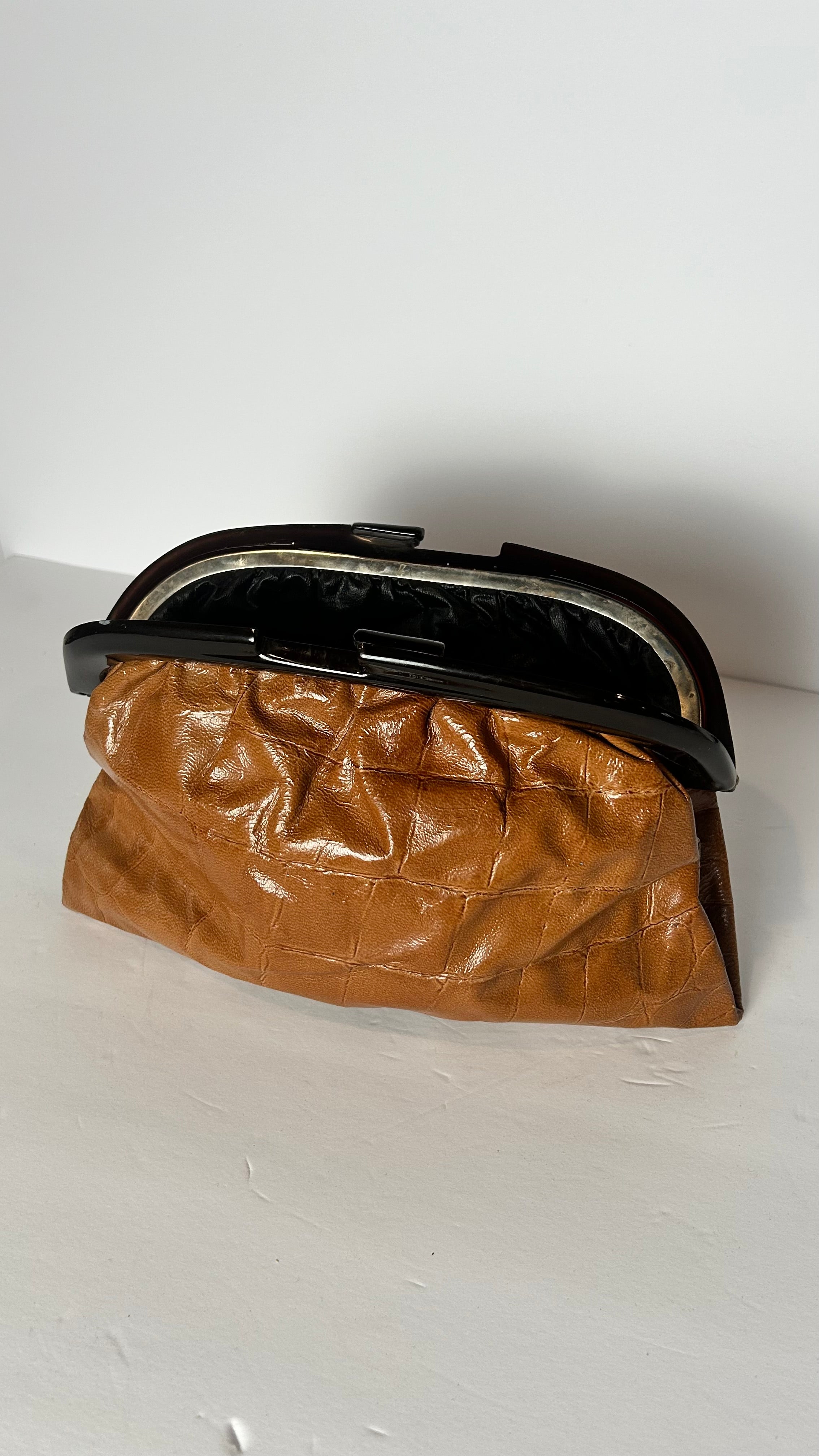 Brown leather clutch w lucite frame