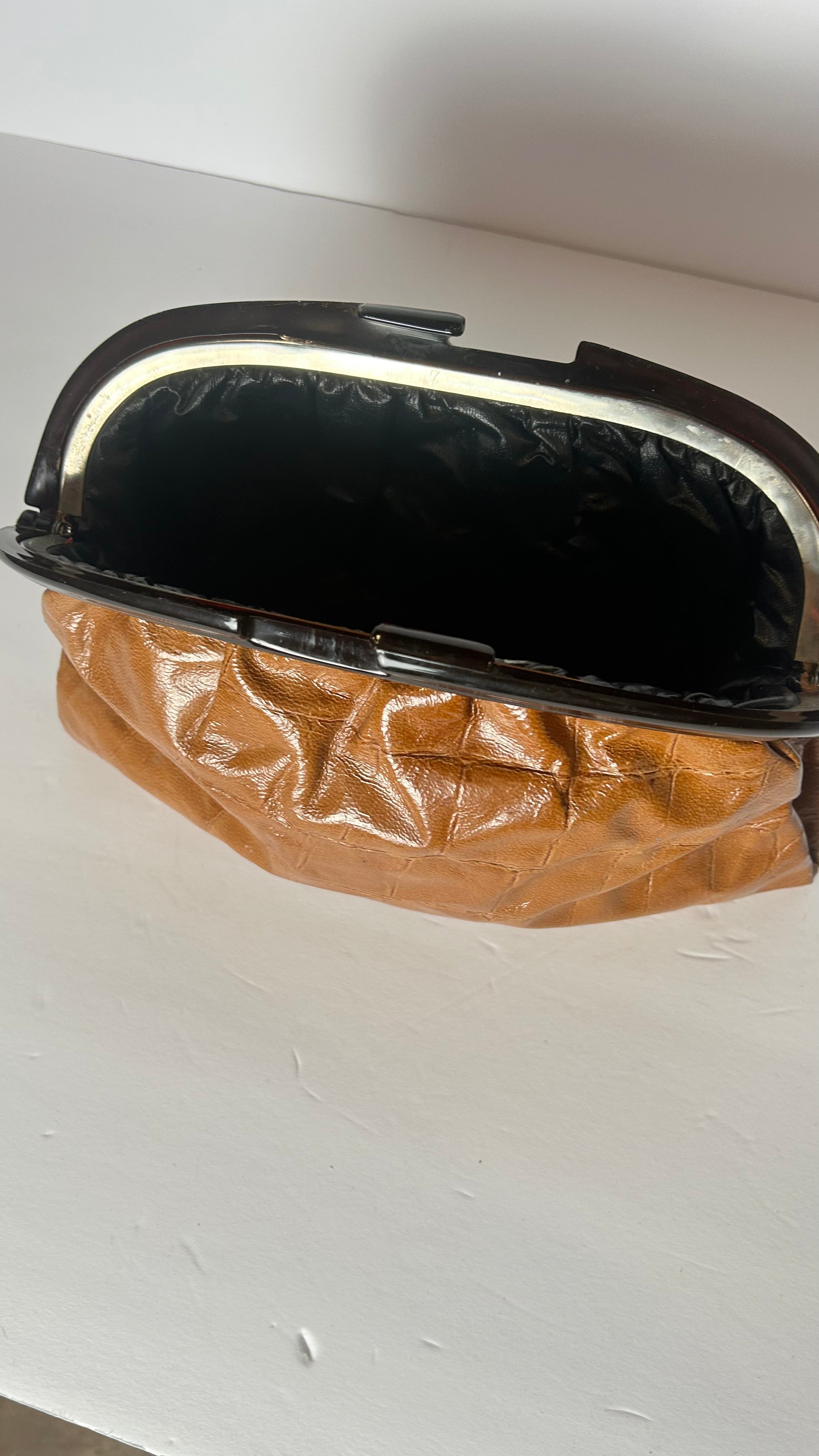 Brown leather clutch w lucite frame
