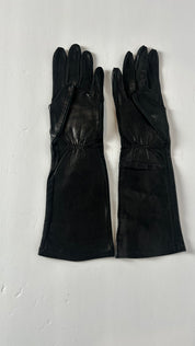Opera length  length black faux leather gloves
