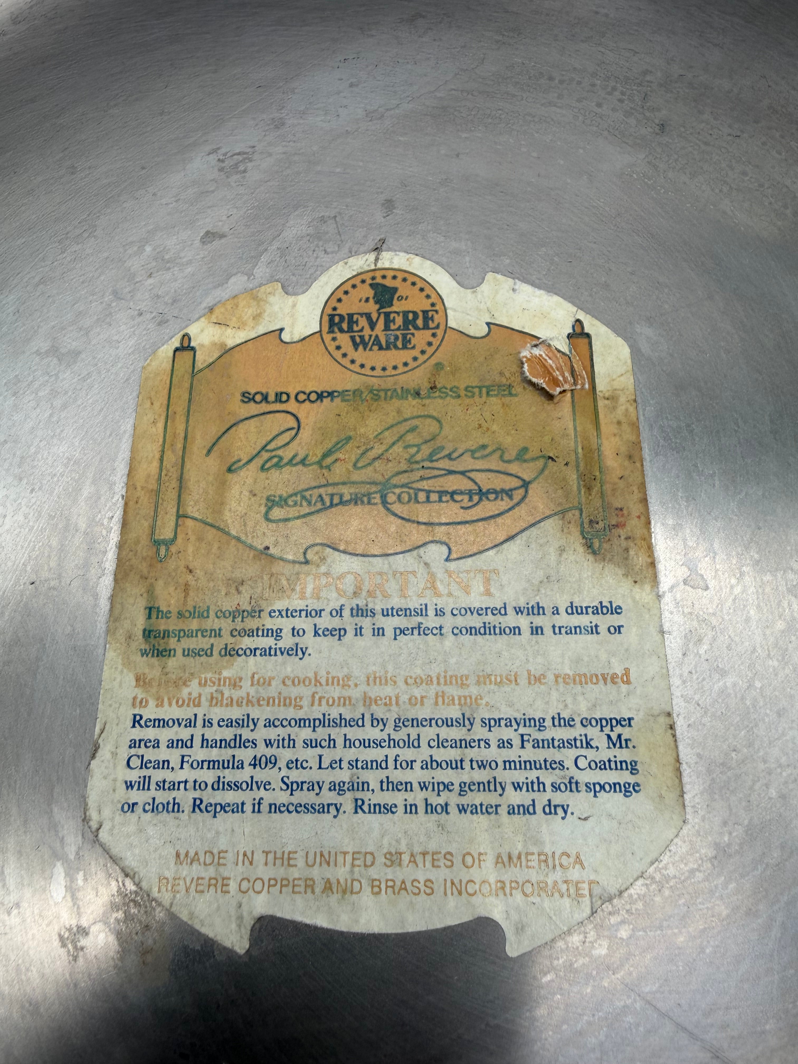 11.5” Revere Ware 1801 Signature Solid Copper bottom Stainless  Skillet circa 1976