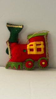 RED AND GREEN FABRIC STUFFED TRAIN ENGINE 3” X 4”ORNAMENT UNBRANDED