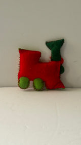 RED AND GREEN FABRIC STUFFED TRAIN ENGINE 3” X 4”ORNAMENT UNBRANDED
