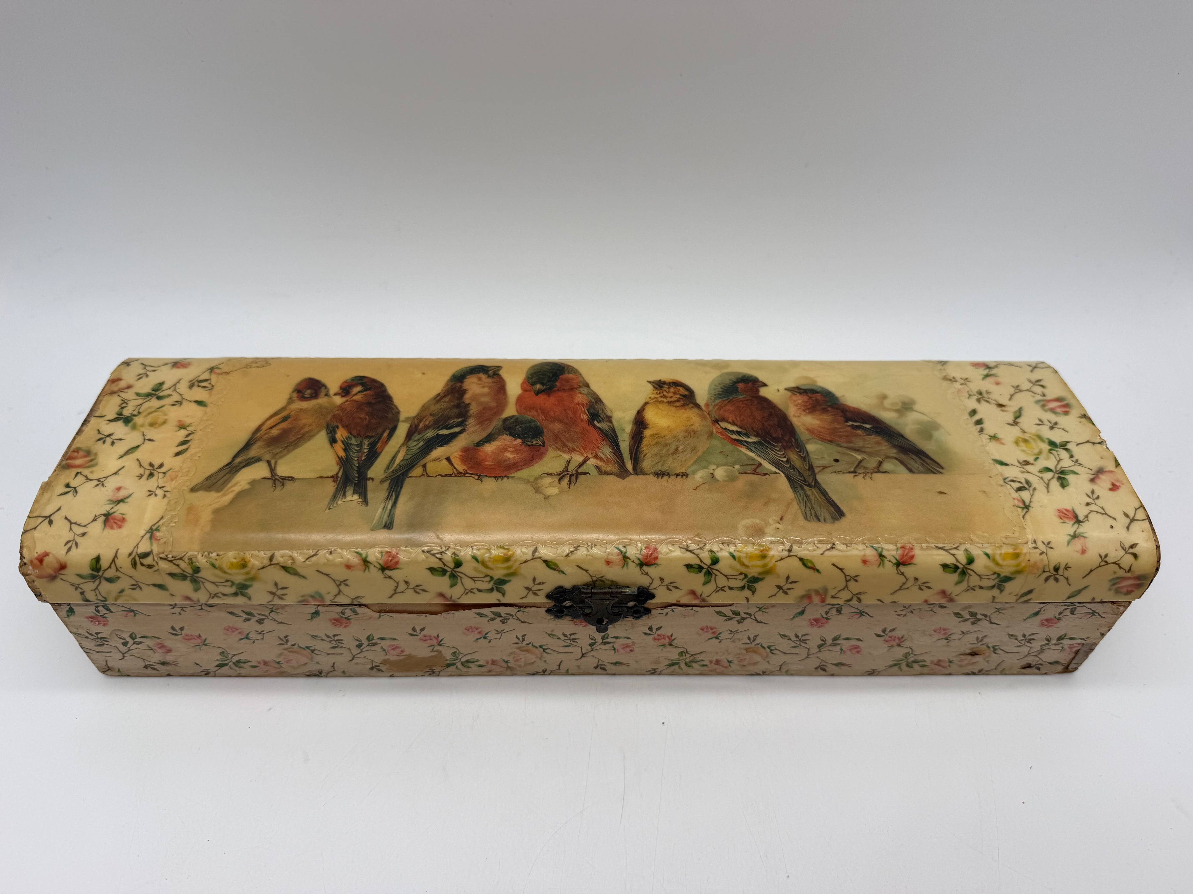 13” Victorian Glove Box wood Lacquer Birds velvet lined