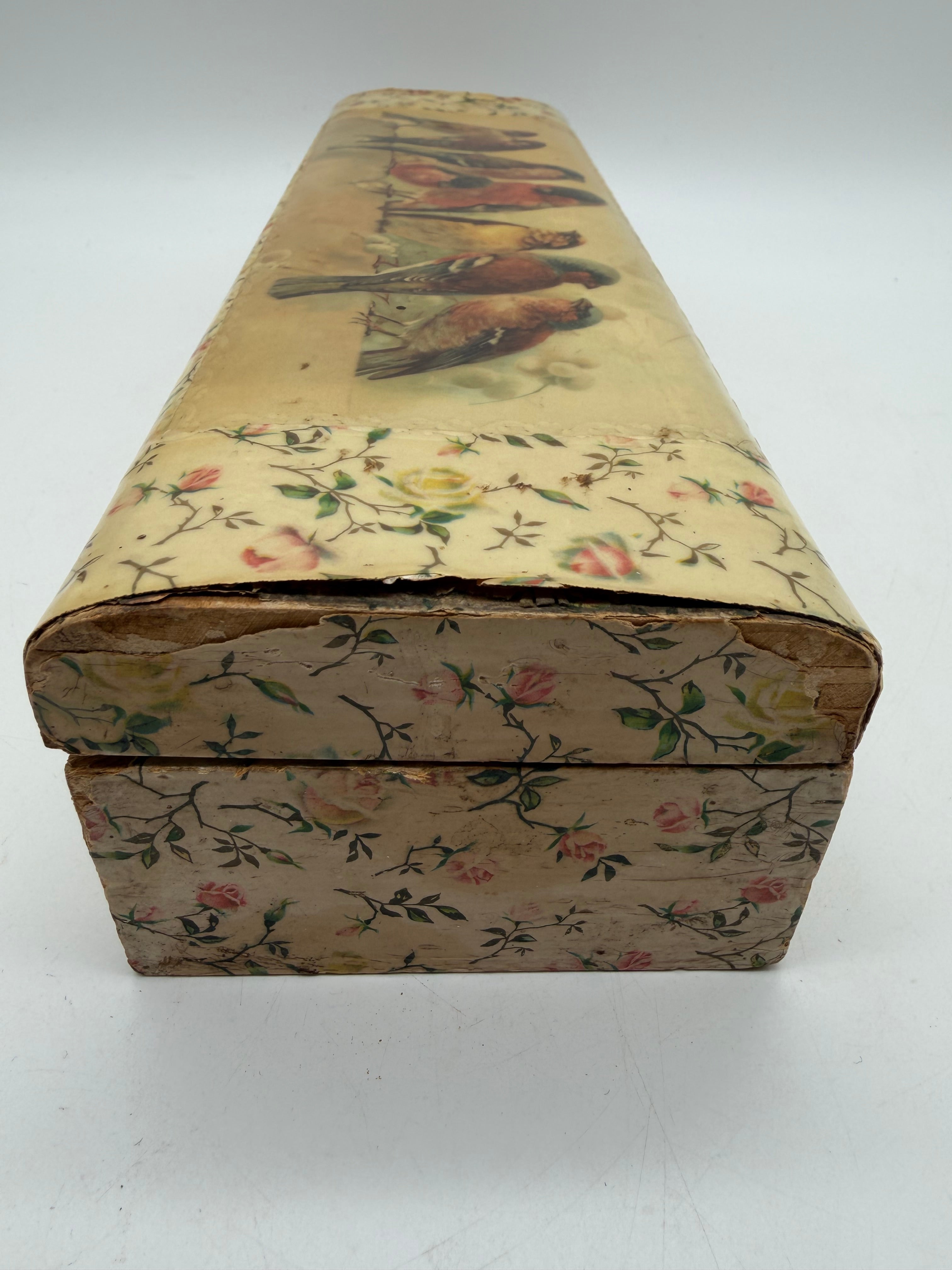 13” Victorian Glove Box wood Lacquer Birds velvet lined