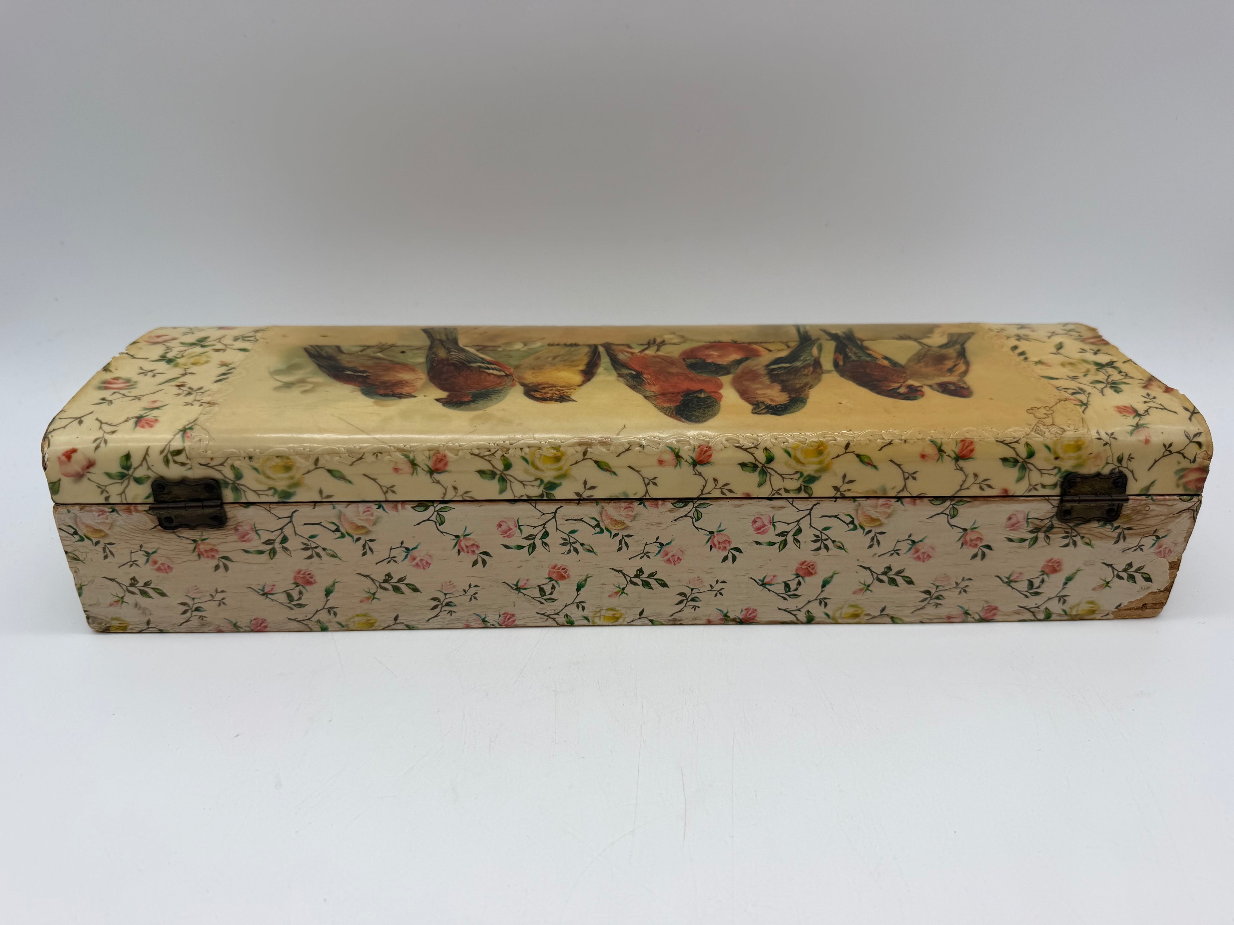 13” Victorian Glove Box wood Lacquer Birds velvet lined