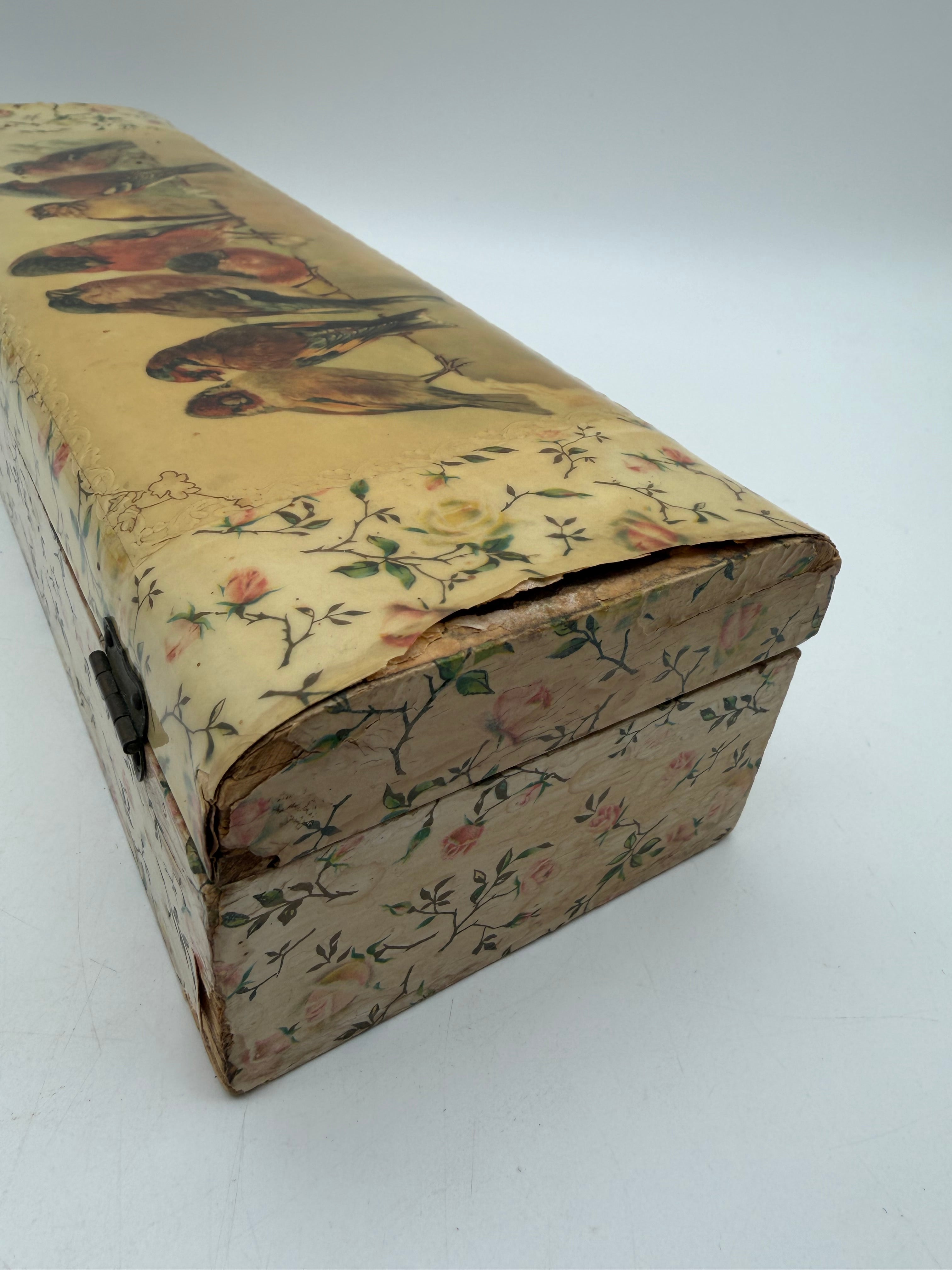 13” Victorian Glove Box wood Lacquer Birds velvet lined