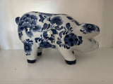 blue and white floral ceramic pig