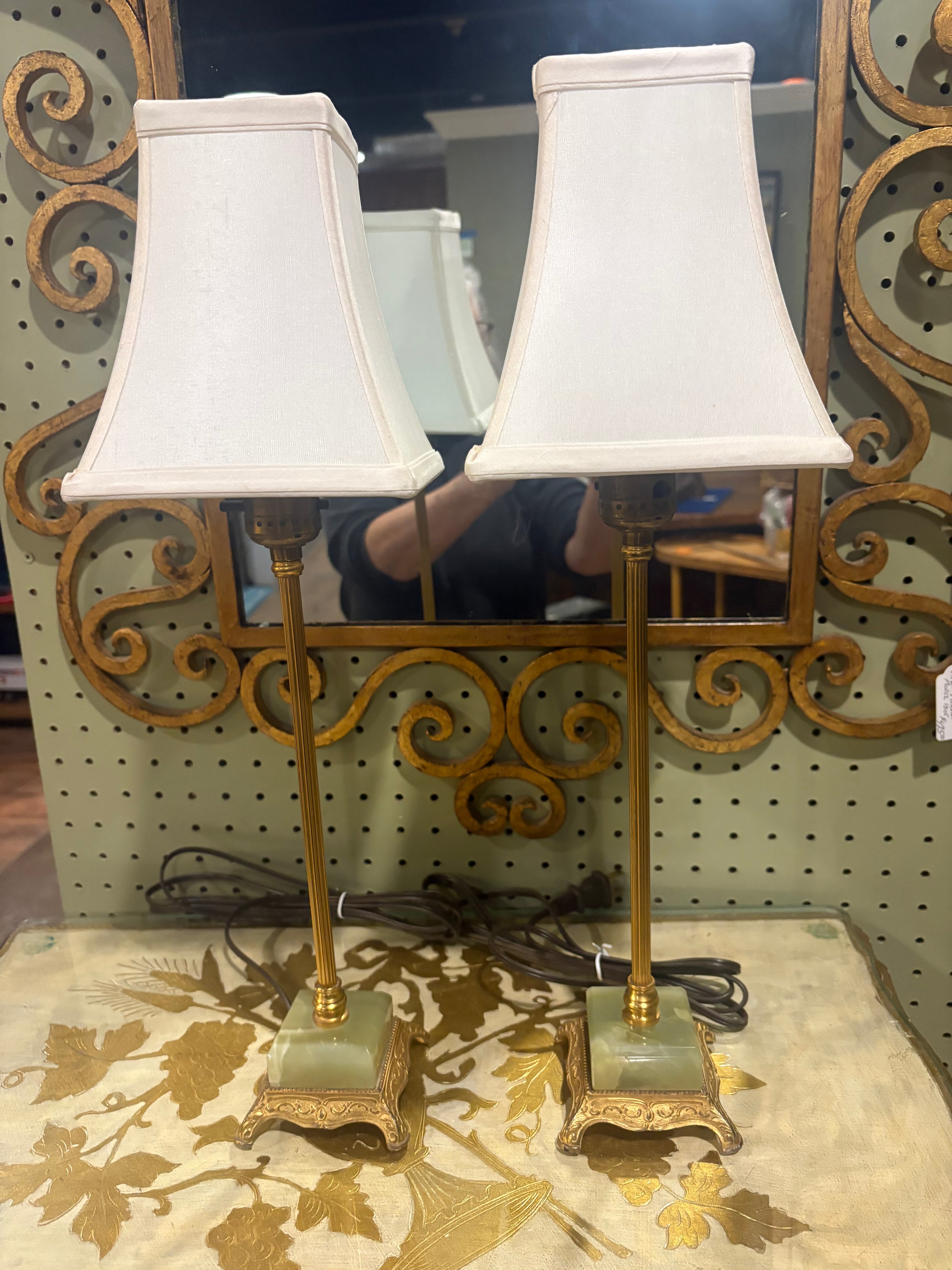 Vintage Brass and Green Onyx Vanity Lamps with Ivory Shades